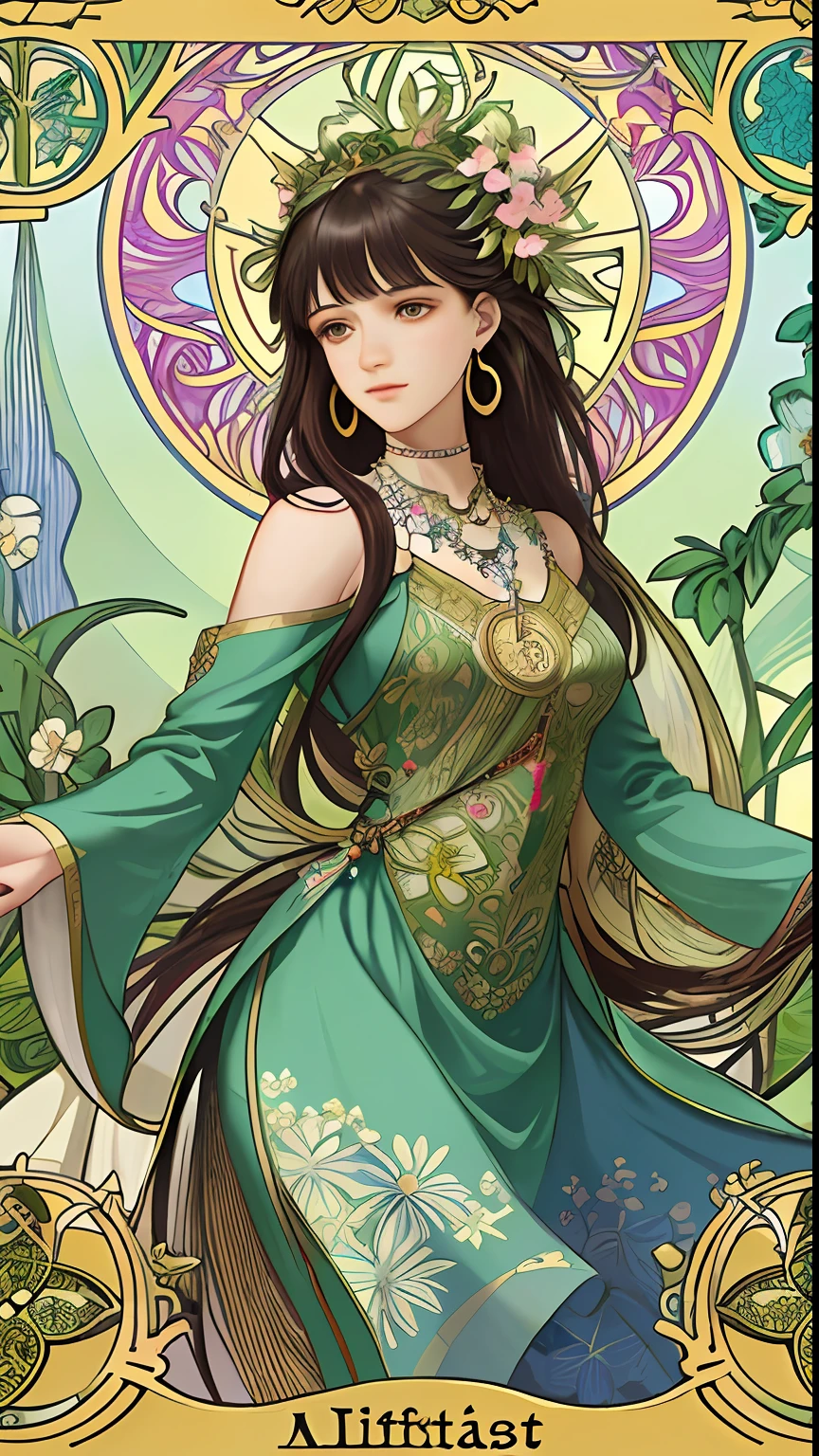 masterpiece, best quality, Alphonse Mucha, art nouveau,
(tarot card style:1.3), unique tarot card framework incorporating floral and greenery elements,
blunt bangs, black straight long hair, looking at viewer,
Amidst a verdant garden, a mystical maiden in a blossoming gown dances with ethereal creatures, bathed in sunlight that illuminates flourishing flora and ancient tarot symbols,
roses, lilies, cherry blossoms, irises, foliage, moss, and vines, elegant dresses inspired by nature, accessories including flower and leaf-designed necklaces, earrings, rings, bracelets, hair ornaments, butterflies, birds, bees, tarot symbols reimagined with floral and greenery designs, goddesses, natural backgrounds like gardens, forests, lakesides, effective use of light and shadow,
realistic, hyper realistic lifelike 3d, zentangle,