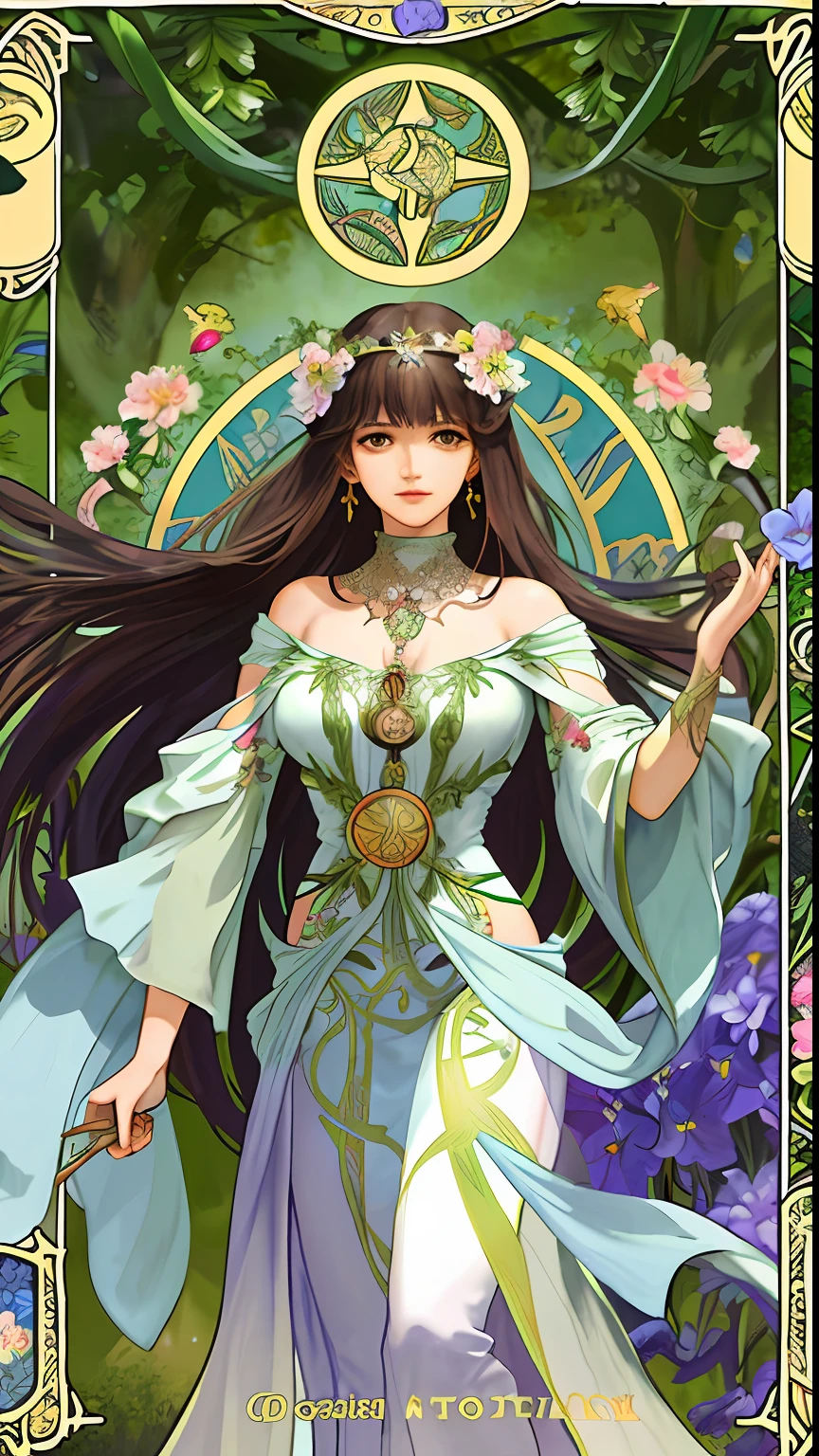 masterpiece, best quality, Alphonse Mucha, art nouveau,
(tarot card style:1.3), unique tarot card framework incorporating floral and greenery elements,
blunt bangs, black straight long hair, looking at viewer,
Amidst a verdant garden, a mystical maiden in a blossoming gown dances with ethereal creatures, bathed in sunlight that illuminates flourishing flora and ancient tarot symbols,
roses, lilies, cherry blossoms, irises, foliage, moss, and vines, elegant dresses inspired by nature, accessories including flower and leaf-designed necklaces, earrings, rings, bracelets, hair ornaments, butterflies, birds, bees, tarot symbols reimagined with floral and greenery designs, goddesses, natural backgrounds like gardens, forests, lakesides, effective use of light and shadow,
realistic, hyper realistic lifelike 3d, zentangle,