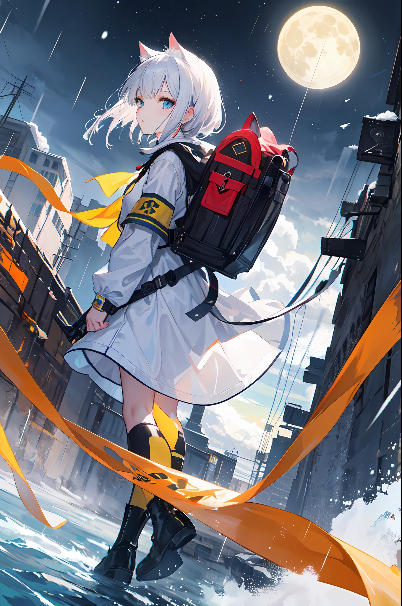 ((high qulity)), ((tmasterpiece)), 8K, Kizi, bulletproof vest, llight rays, Extremely detailed CG unifies 8K, 8K, Diamond, and wallpaper, GameCG, looking at viewert, mitts, Boots, full bodyesbian, Wrist watch, Computer,Masks,UAVs,handheldweapons,Earphone,jaket,Bao,backpacks,Ark of tomorrow style,Black and white blend trench coat,围巾,with short white hair,Issuing,The sword,yellow armband,Yellow band,Black strap,blue stripe,red color eyes,The sword,Firearms,Straighten your hair with both hands,Detailed hands,detailed back ground,detailed face with,A masterpiece of the Rhode Island Bridge,(best qualtiy:1.2),(super-fine:1.2),illustratio,(Extremely refined and beautiful:1.2),Movie Angle,floatking,(beatiful detailed eyes:1.1),(Detail light:1.1),电影灯光,Exquisite sky,woman,whaite hair,eBlue eyes,(high ponytails:1.1),cloaks,glowing light eyes,(themoon:1.2),(rays of moonlight:1.1),starrysky,(Light particles:1.1),Mist,Snow painting,full bloom,废墟,little bit of raining,,Earphone,White cat ears,Rained,Rain drops,Black hairpin,yellow armband,Blue sea,White tights,white stockings,城市,karo,the sea,Recife