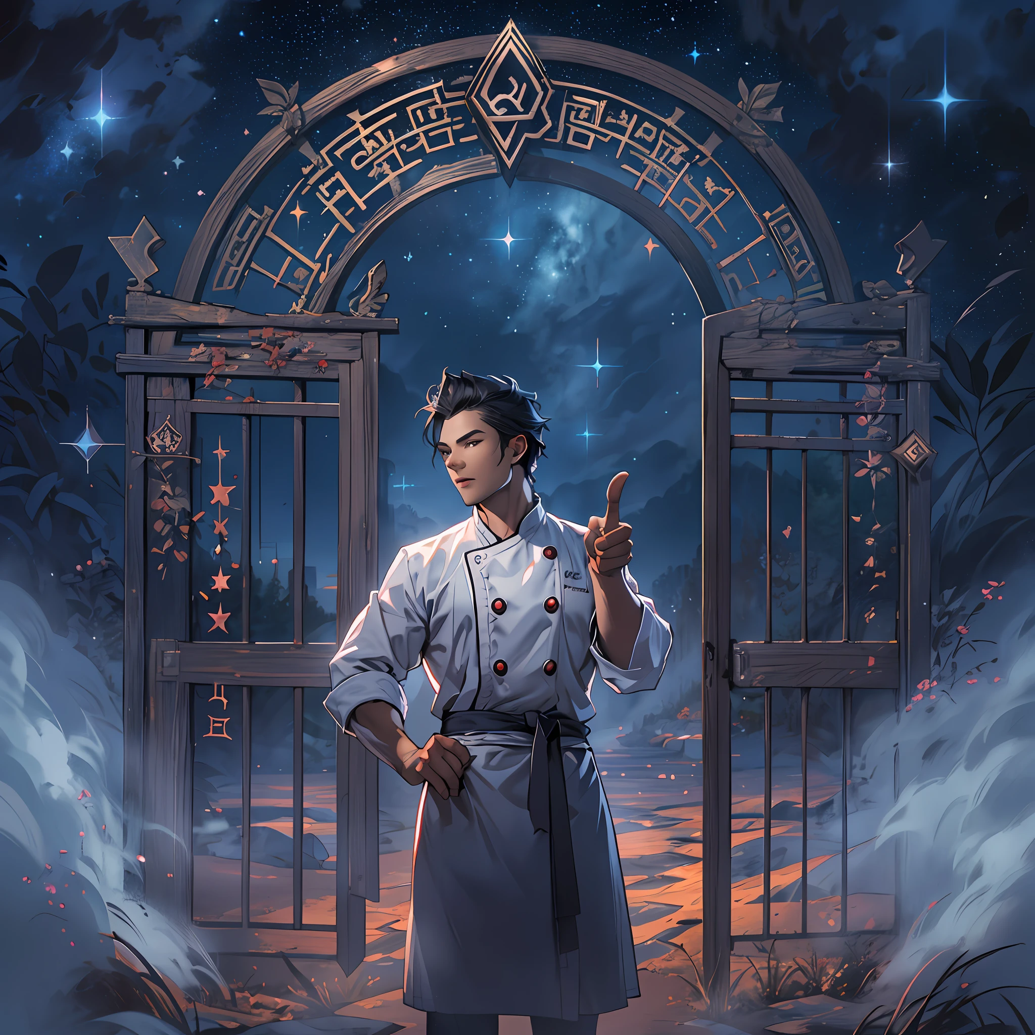 A handsome male chef stands in front of the gate to a dreamland, pointing at the runes on the door. The surroundings are filled with a mysterious atmosphere, like a starry sky and mist.,in the style of the stars art group xing xing, 32k, best quality, masterpiece, super detail, high details