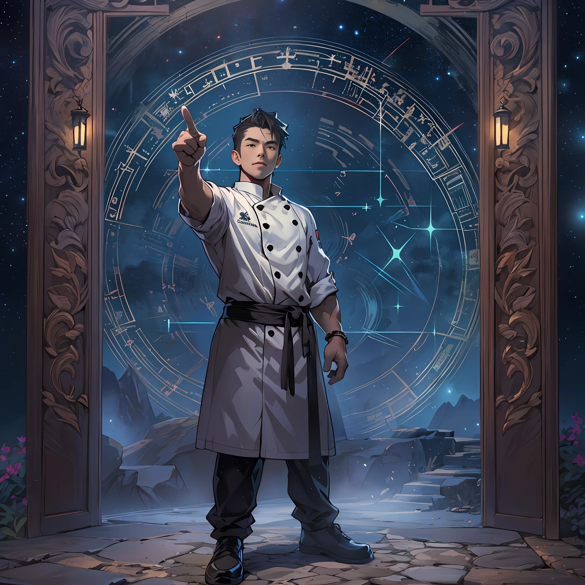 A handsome male chef stands in front of the gate to a dreamland, pointing at the runes on the door. The surroundings are filled with a mysterious atmosphere, like a starry sky and mist.,in the style of the stars art group xing xing, 32k, best quality, masterpiece, super detail, high details