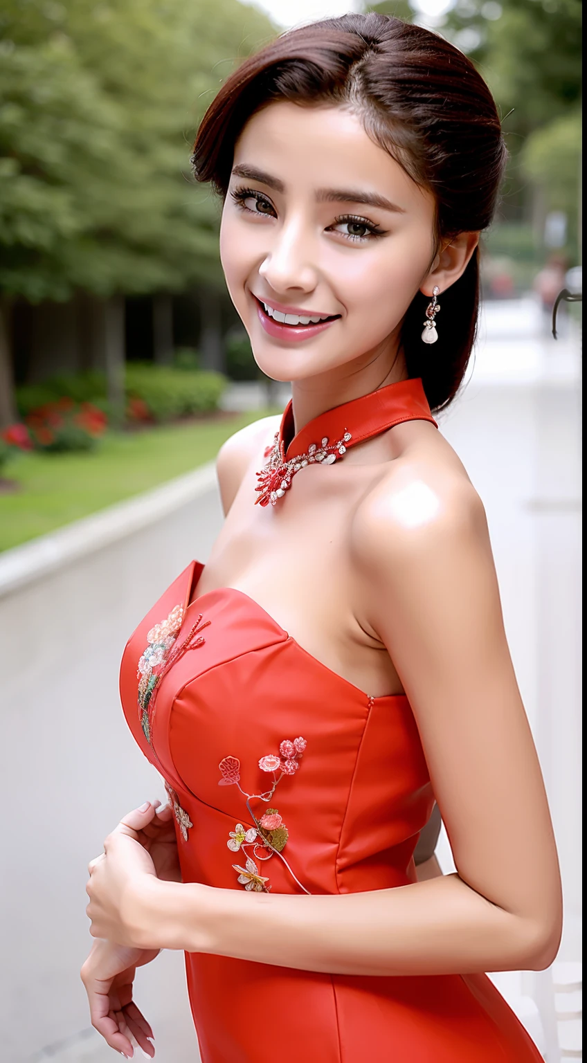 Fashion model 18 years old [[[[closeup cleavage]]]], [[[[boobgasm]]]], [[[[coll]]]], [[[[bshoulders]]]], perfect  eyes, Perfect iris，Perfect lips，perfect teeth，Perfect skin，Long face，slender nose，Soft front light，hdr，Movie girl，Red cheongsam，Green cheongsam，White cheongsam，long whitr hair，Long hair with a shawl，Long hair like a waterfall，Green trees and flowers in the background，（pastel colour：1.2）