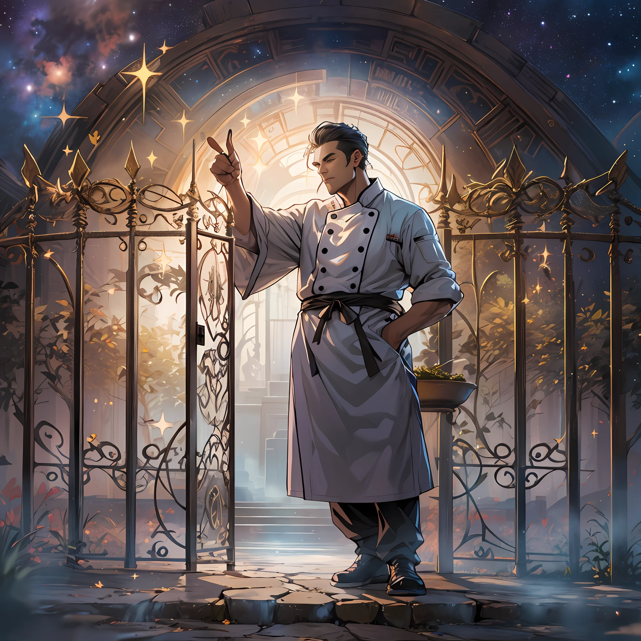 A handsome male chef stands in front of the gate to a dreamland, pointing at the runes on the door. The surroundings are filled with a mysterious atmosphere, like a starry sky and mist.,in the style of the stars art group xing xing, 32k, best quality, masterpiece, super detail, high details