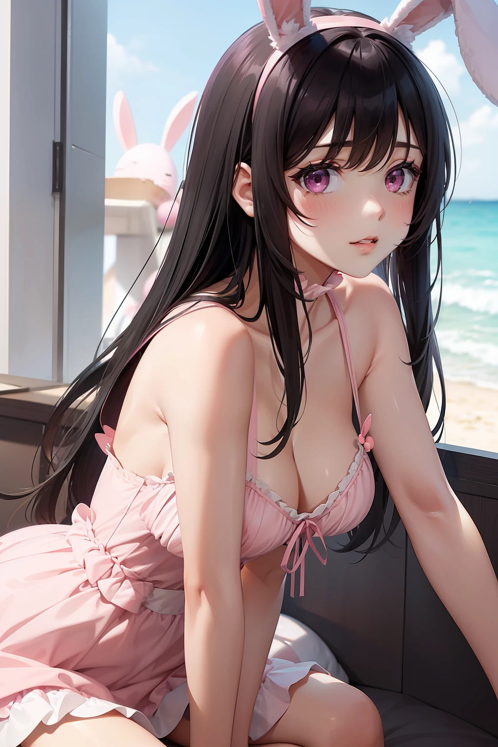 a women, pink bunny ears, black hair, pink eyes, pink dress