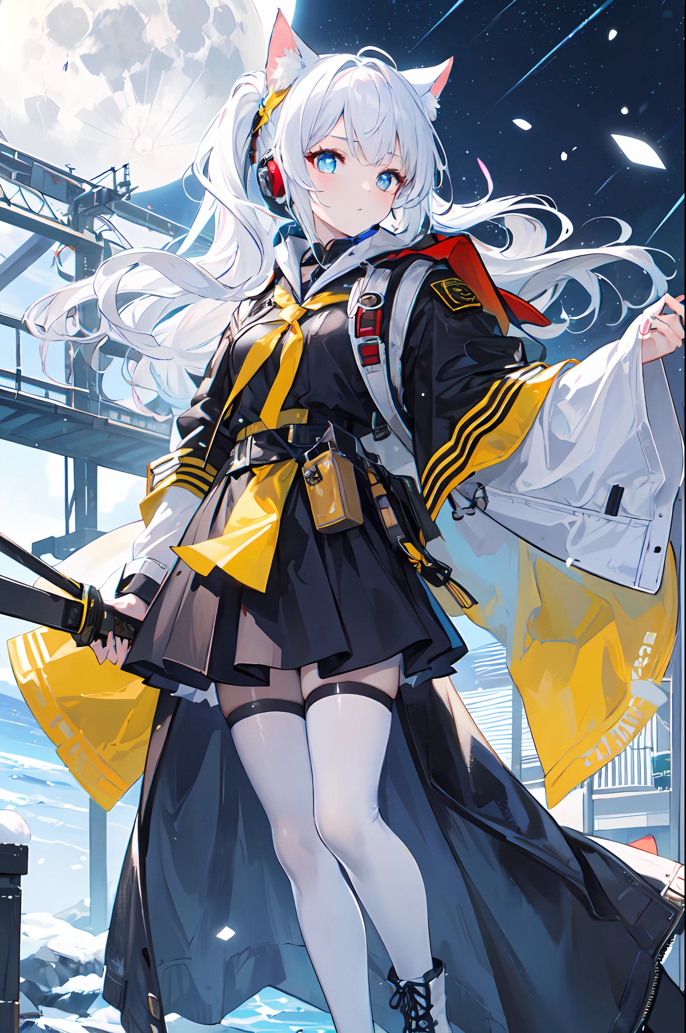 ((high qulity)), ((tmasterpiece)), 8K, one-girl, bulletproof vest, llight rays, Extremely detailed CG unifies 8K, 8K, Diamond, and wallpaper, GameCG, looking at viewert, mitts, Boots, full bodyesbian, Wrist watch, Computer,Masks，UAVs，handheldweapons，Earphone，jaket，Bao，backpacks，Ark of tomorrow style，Black and white blend trench coat，围巾，with short white hair，Issuing，The sword，yellow armband，Yellow band，Black strap，blue stripe，red color eyes，The sword，Firearms，Straighten your hair with both hands，Detailed hands，detailed back ground，detailed face with，A masterpiece of the Rhode Island Bridge，（best qualtiy：1.2），（super-fine：1.2），illustratio，（Extremely refined and beautiful：1.2），Movie Angle，floatking，（beatiful detailed eyes：1.1），（Detail light：1.1），电影灯光，Exquisite sky，woman，whaite hair，eBlue eyes，（high ponytails：1.1），cloaks，glowing light eyes，（themoon：1.2），（rays of moonlight：1.1），starrysky，（Light particles：1.1），Mist，Snow painting，full bloom，废墟，little bit of raining，，Earphone，White cat ears，Rained，Rain drops，Black hairpin，yellow armband，Blue sea，White tights，white stockings，城市，karo，the sea，Recife