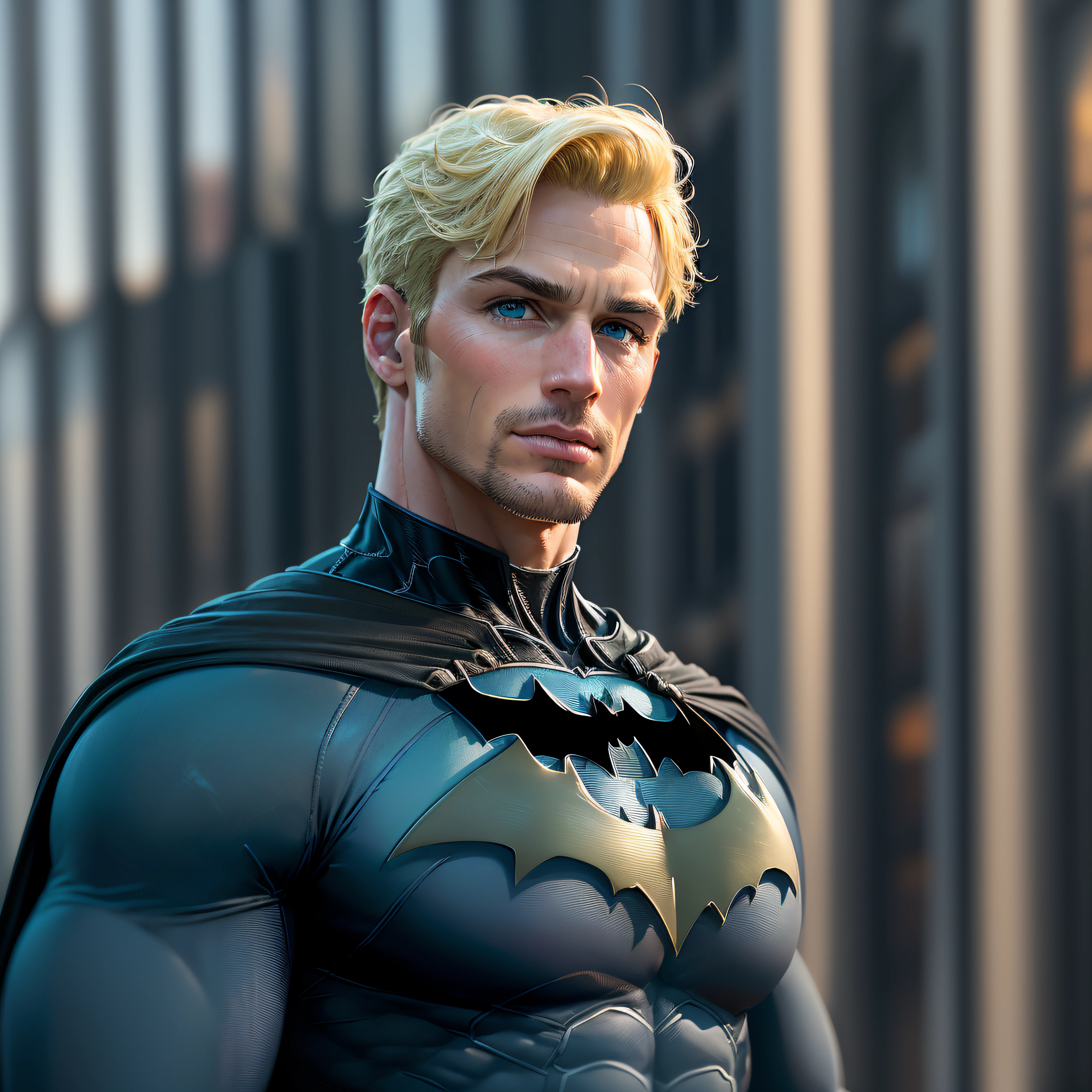 high quality, 1man, (((handsome blonde american Ken as Batman dilf))), (((blue eyes))) (((on the top of a building))) (((no facial hair)))