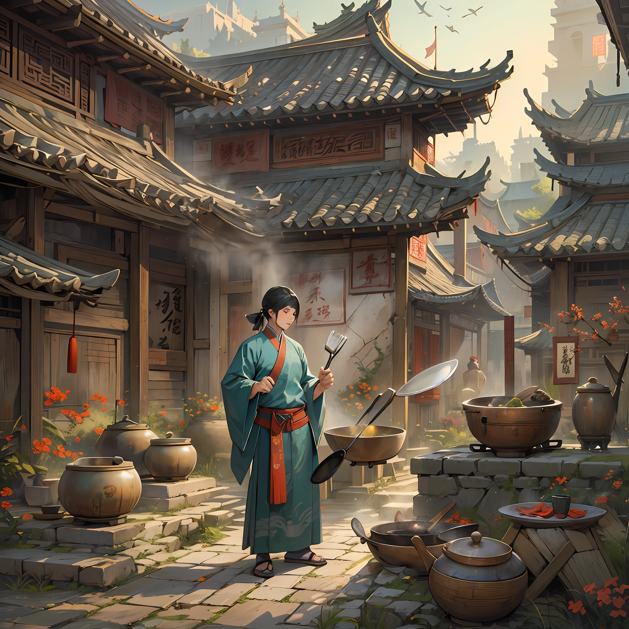 A person dressed in ancient Chinese chef's attire, holding a wok and an iron spatula in hand, surrounded by ancient kitchen buildings and scenery such as palaces and landscapes.,in the style of the stars art group xing xing, 32k, best quality, masterpiece, super detail, high details