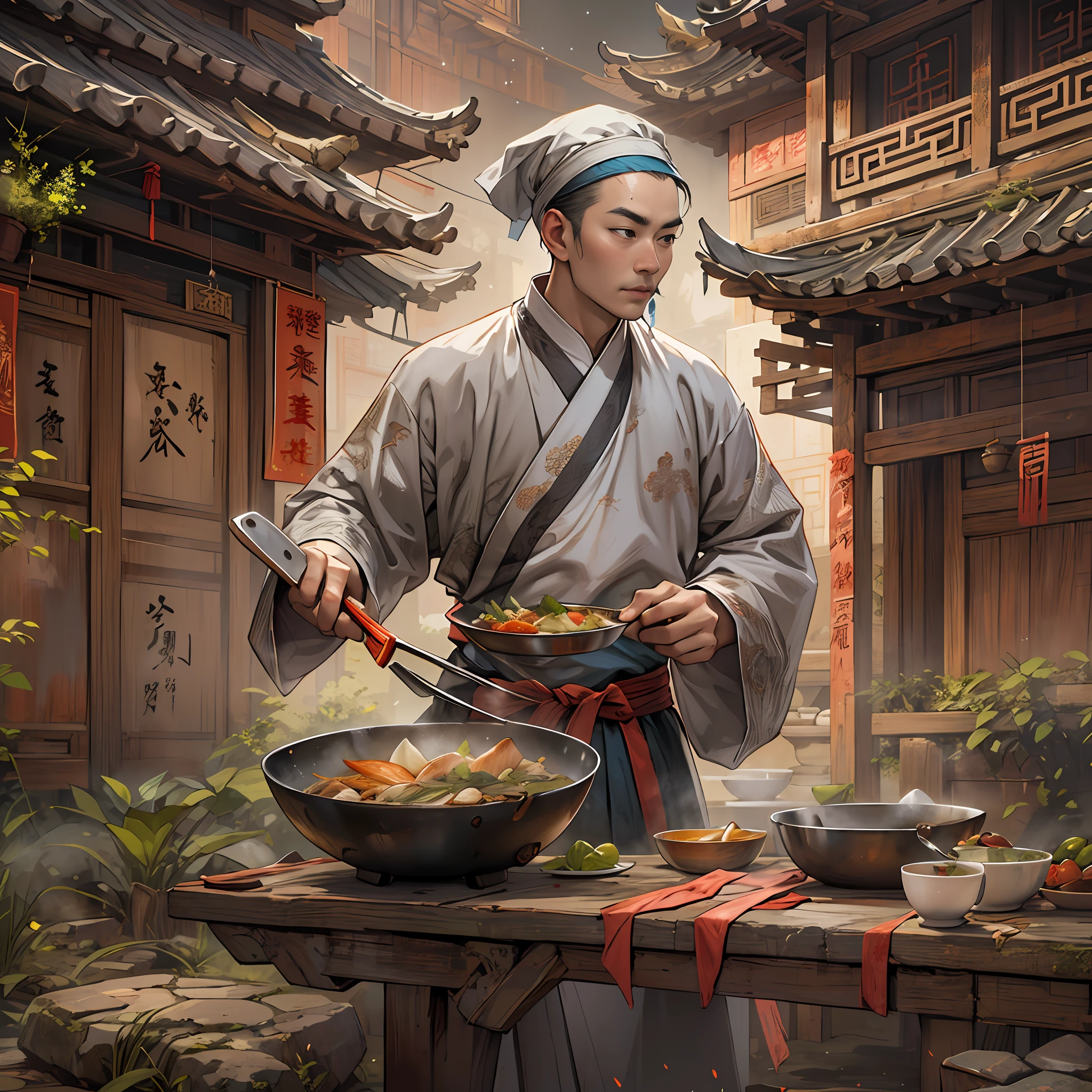 A person dressed in ancient Chinese chef's attire, holding a wok and an iron spatula in hand, surrounded by ancient kitchen buildings and scenery such as palaces and landscapes.,in the style of the stars art group xing xing, 32k, best quality, masterpiece, super detail, high details