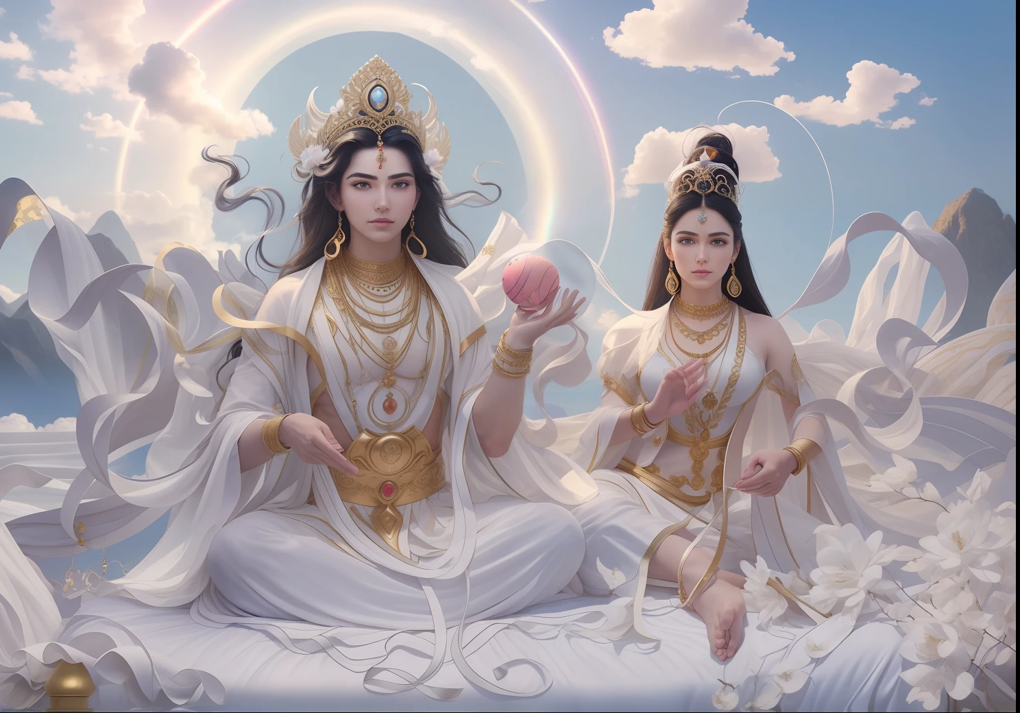 There are two people in the void,((((The man on the left))),Long beard,Very handsome,large tall,Good looking,(Man image),(((Male pectoral muscles))),Handsome looks,Boys in white,Men's hands(Dervishes),(There are flowers in the bowl),Next to the man,(((There is a beautiful goddess))),Young teenage girl,Goddess in white,Black hair,largeeyes,Bushy hair,long eyelasher,long eyebrow,Beautiful eyes sparkle,二重まぶた,Plump and rosy lips,Fair skin is delicate and smooth,Radiant skin,A delicate and ornate crown,inlaid gemstones,choker necklace,Yingluo,Fair and delicate skin,bangle,ankle bracelets,Sitting on a platform in the air,Hold the sphere with one hand,Spread the other hand out of the palm of your hand,white skinned,((Correct body structure)),White tulle garment,baiyun,Blue sky,flowing clouds,fresh flowers,(nice hand),(Good feet),(good legs),realisticlying,white skinned,no-bra,Streamers,Blowing in the wind,Kim In-ro belt,Silk skirt floating,((Correct body structure)),decorated in white,with blue sky and white clouds,Clean skies,Head background with round light,Behind the man is a faint rainbow circle,Behind the woman is a faint rainbow circle,Front lighting,No shadows on the face,Unreal space,ethereal world,dreamworld,tmasterpiece,4K,ultra-definition,professional photoshooting,