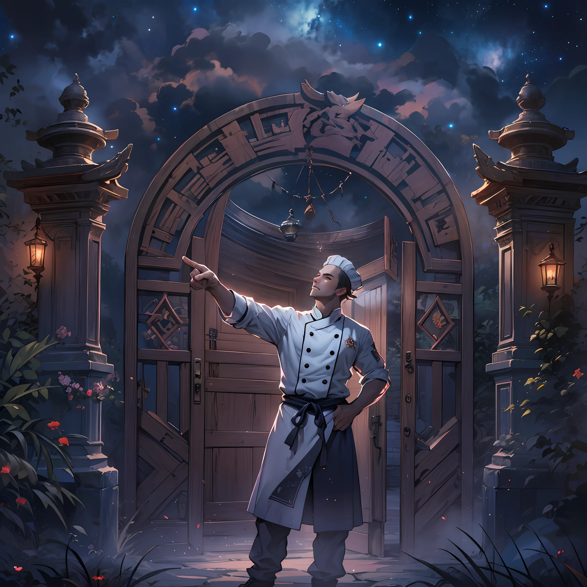 A handsome male chef stands in front of the gate to a dreamland, pointing at the runes on the door. The surroundings are filled with a mysterious atmosphere, like a starry sky and mist.,in the style of the stars art group xing xing, 32k, best quality, masterpiece, super detail, high details