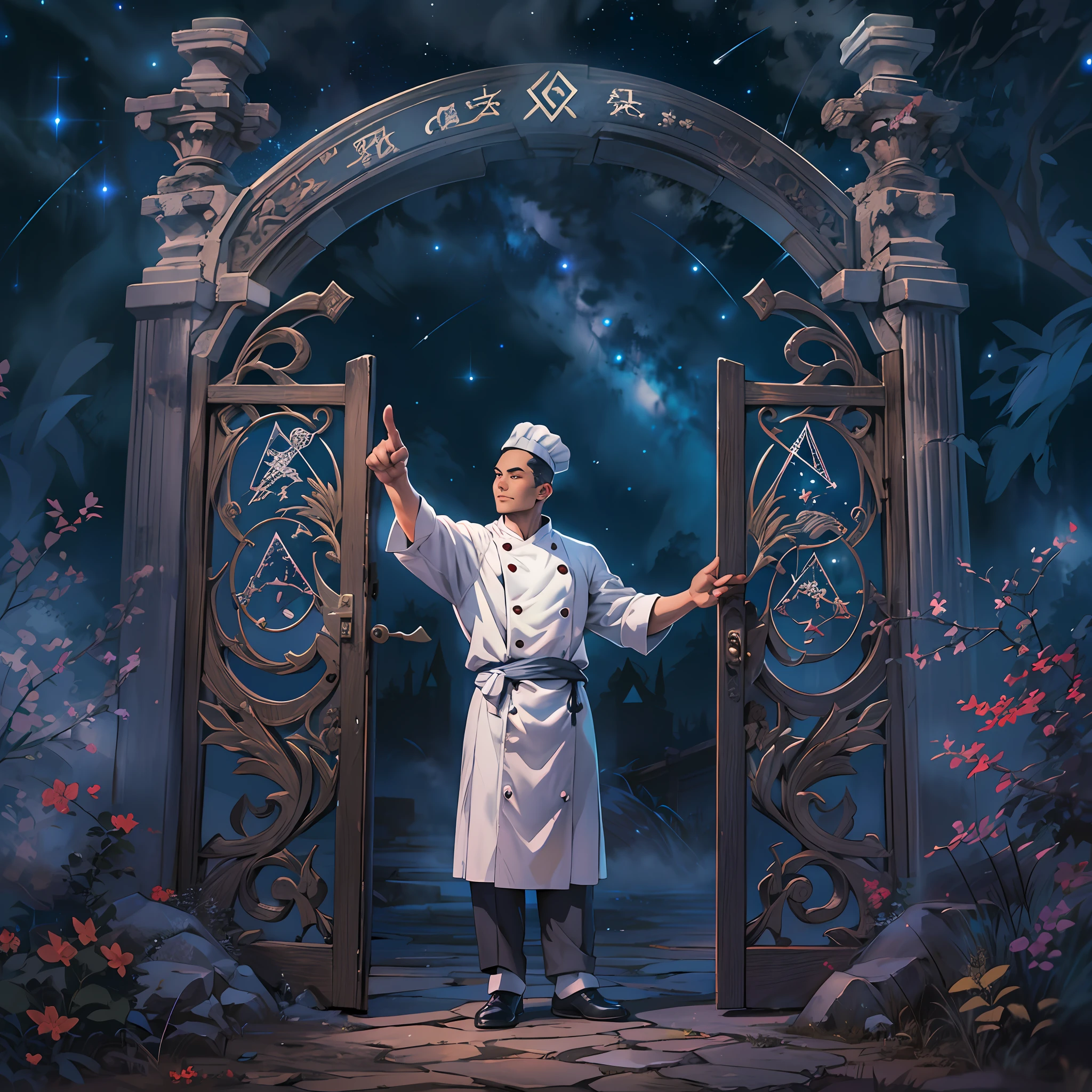 A handsome male chef stands in front of the gate to a dreamland, pointing at the runes on the door. The surroundings are filled with a mysterious atmosphere, like a starry sky and mist.,in the style of the stars art group xing xing, 32k, best quality, masterpiece, super detail, high details
