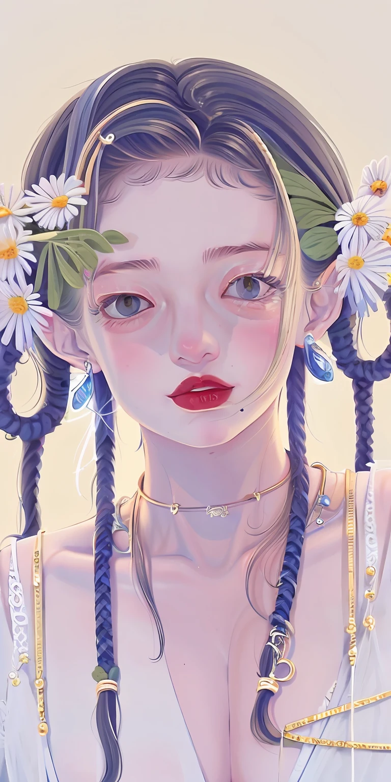 Need,tmasterpiece,whaite hair,Golden eyes,Manteau blanc,ssmile，adolable，耳Nipple Ring，golden colored，glitters，Look up,The upper part of the body,Hairline,Fair skin,SideBraid，blue color eyes，fresh flowers