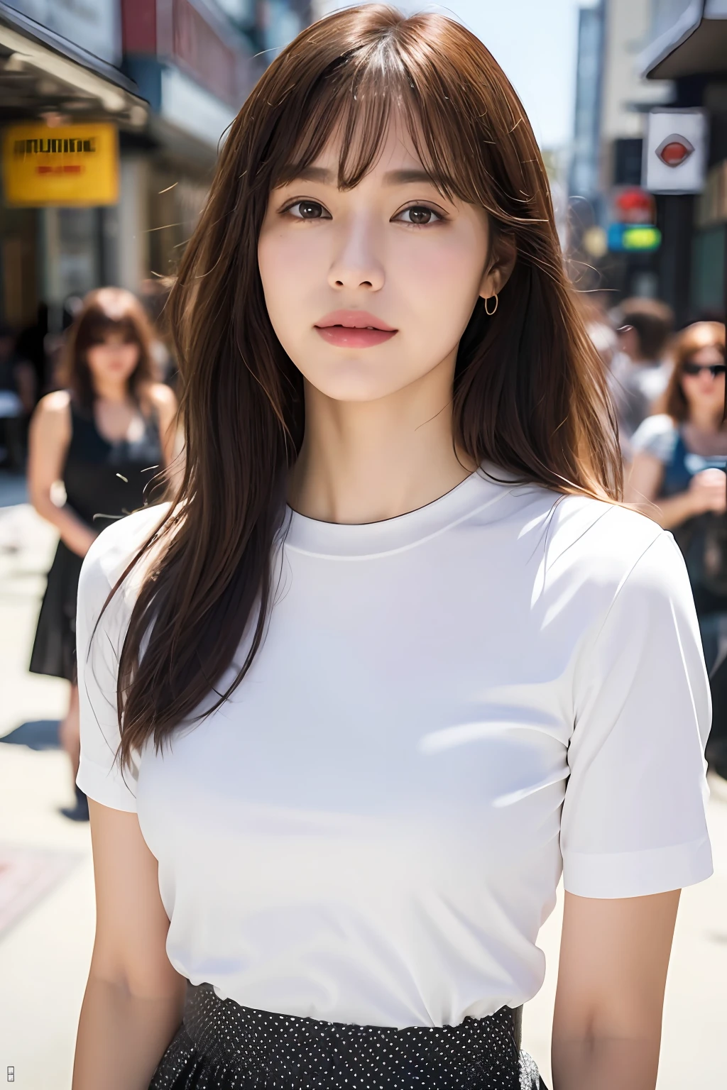 (8k, RAW photos, top quality, masterpiece: 1.2), ultra detailed, super resolution, (real, real photos: 1.37), portraits, high definition RAW color photos, professional photos, very detailed and beautiful, highly detailed, 8k wallpapers, amazing details, huge file size, official art, highly detailed CG Unity 8k wallpapers, highly detailed beautiful girls, highly detailed facesHighly detailed eyes, highly detailed skin, highly detailed fingers, highly detailed nose, highly detailed mouth, perfect anatomy, highly detailed background, highly detailed clothing, one girl, (18:1.2), teen, cute girl, famous Japan idol, cute, realistic body, petite, white skin, radiant skin, slim body, handsome body, brown hair, short curly hair, (blunt bangs: 1.2) , smile, cute, youthful, pretty face, realistic face, delicate eyes, sagging eyes, white shirt, skirt, earrings, camera gaze, cowboy shot, front-facing, standing, contrappost, high street, dynamic lighting,