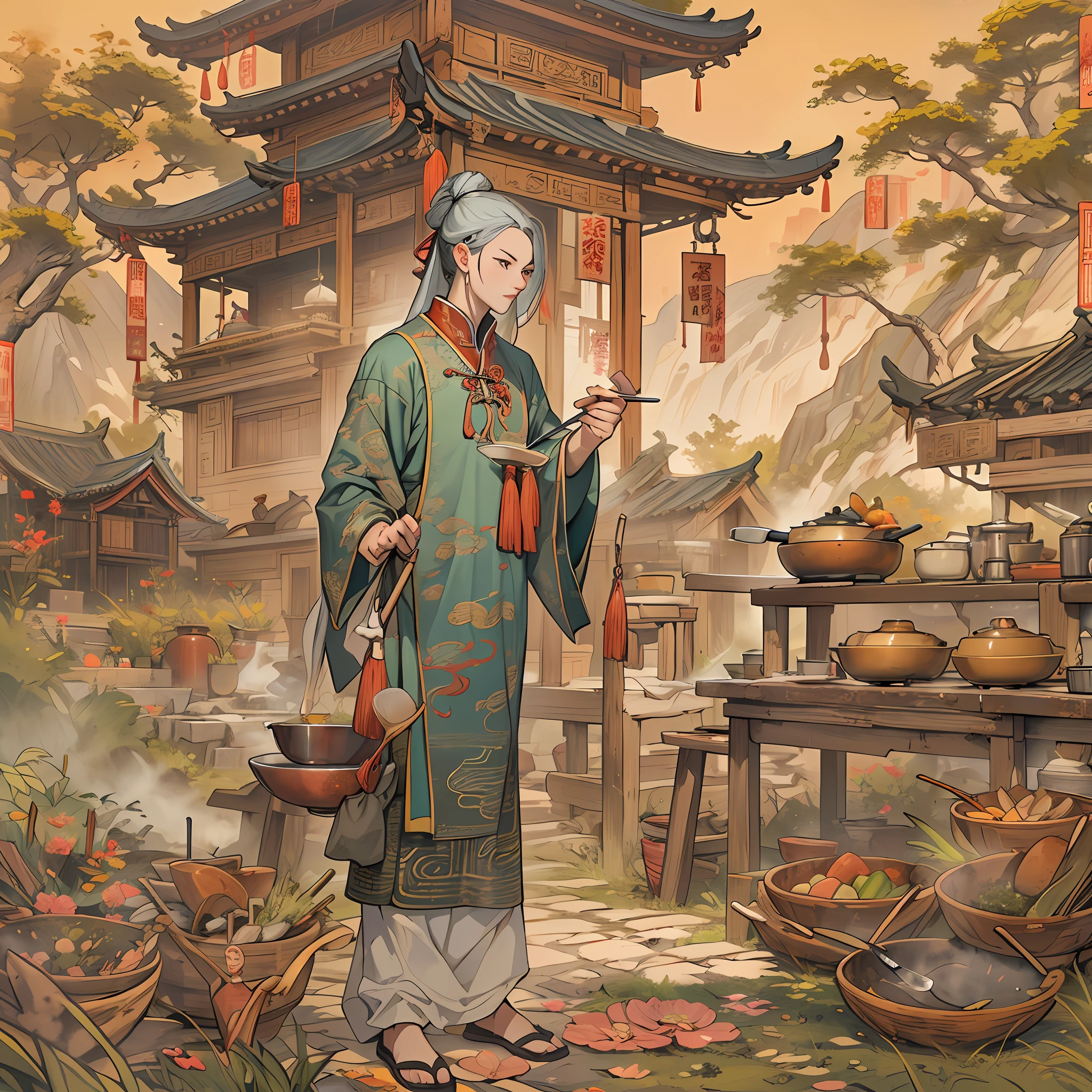 A person dressed in ancient Chinese chef's attire, holding a wok and an iron spatula in hand, surrounded by ancient kitchen buildings and scenery such as palaces and landscapes.,in the style of the stars art group xing xing, 32k, best quality, masterpiece, super detail, high details