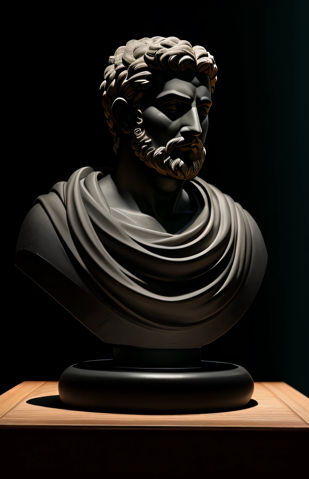 an old Greek philosopher wise strong stoic made with black stone, Epicteto, Epictetus, estilo de escultura por Giovanni Strazza, profundidade de foco bokesharp, Sombras, mistborn, nevoeiro, muito alto detalhado, cinematic lighthing, Kinematic, alto detalhado, Ultra Detalhado, Highlight lighting, cores muito divinas, realista, 8k, HDR