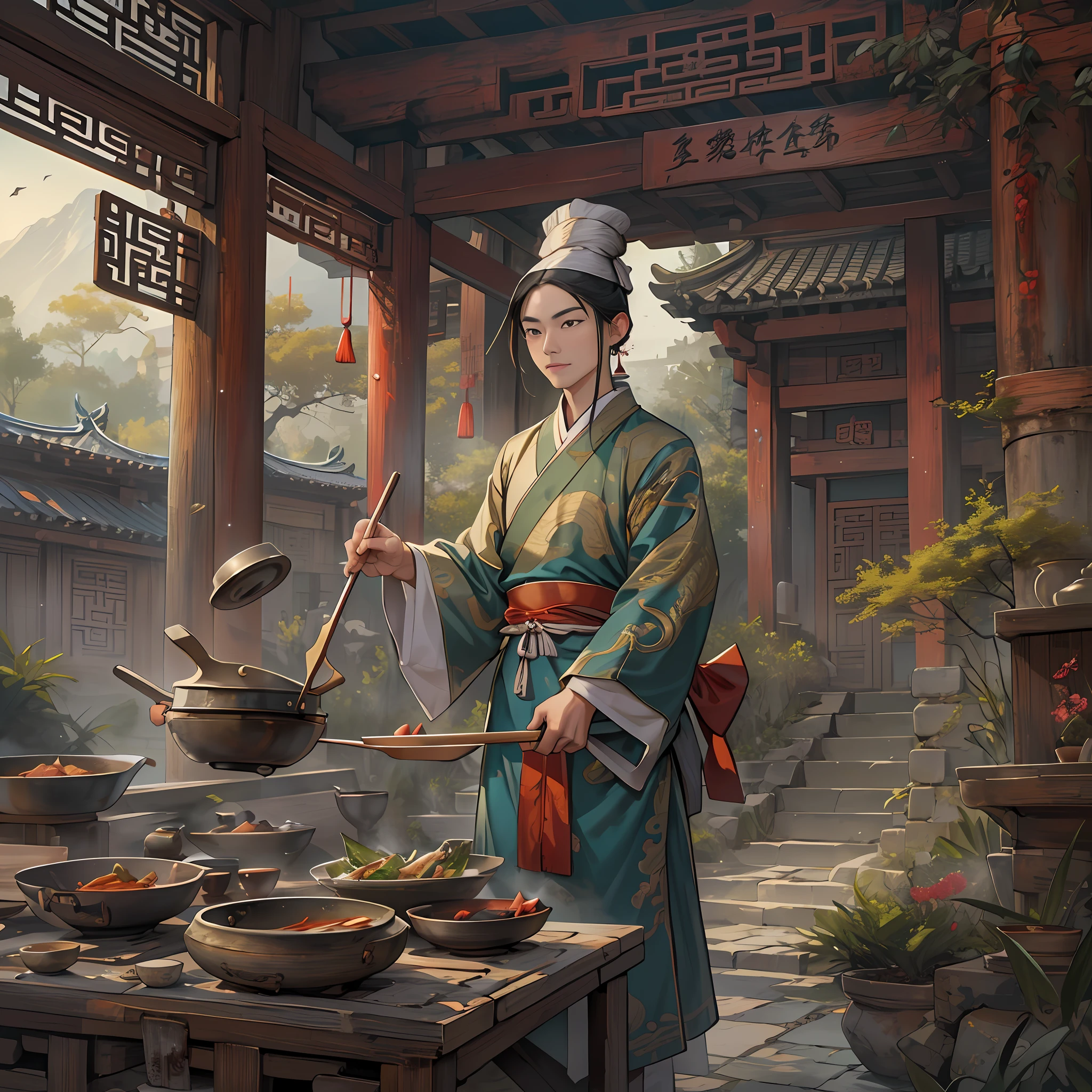 A person dressed in ancient Chinese chef's attire, holding a wok and an iron spatula in hand, surrounded by ancient kitchen buildings and scenery such as palaces and landscapes.,in the style of the stars art group xing xing, 32k, best quality, masterpiece, super detail, high details