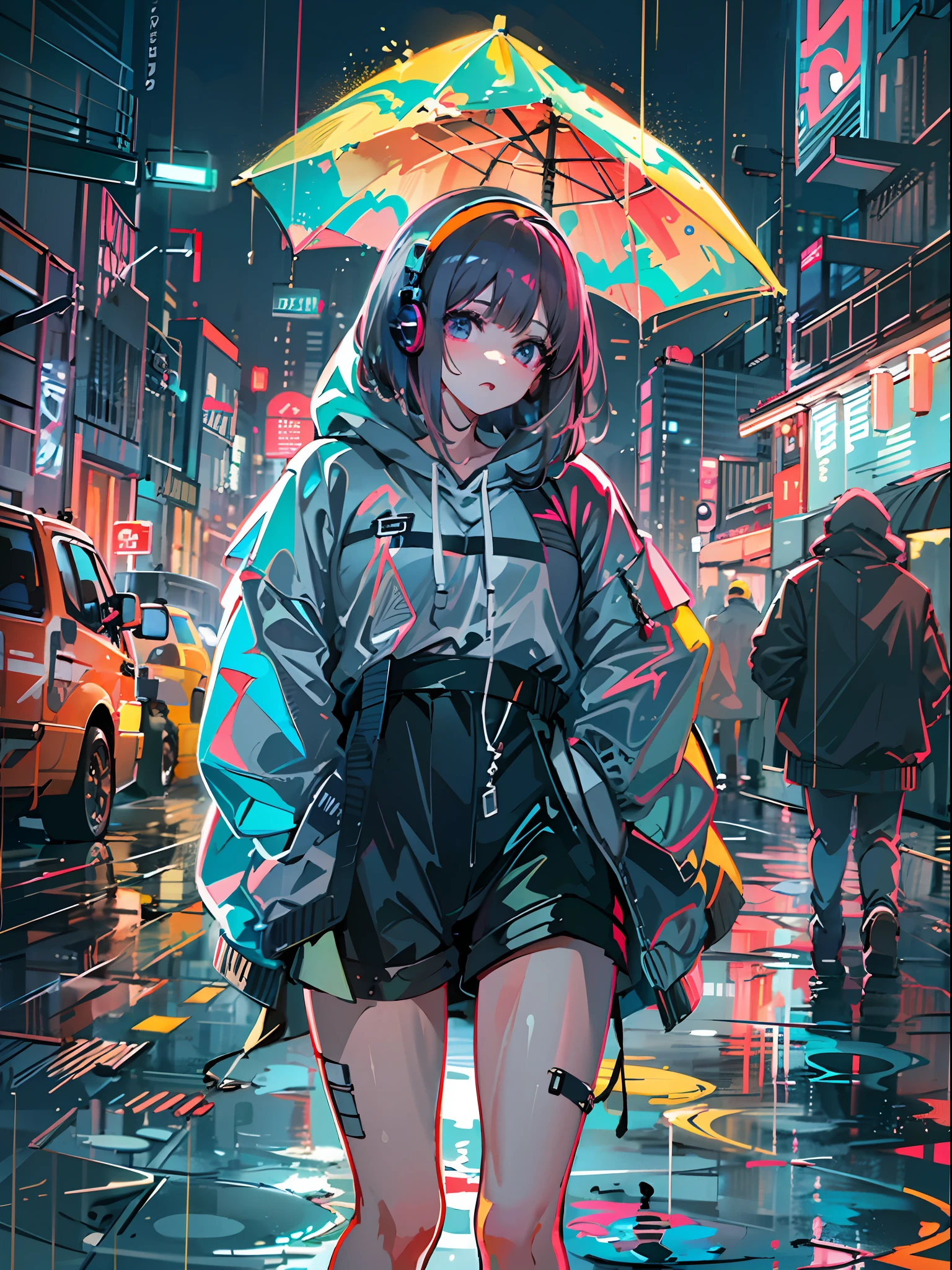 8K分辨率、((top-quality))、((masterpiece))、((ultra-detailliert))、1 woman、独奏、incredibly absurdness、Oversized hoodies、headphones、Street、plein air、Rain at night、neons、Shortcut Hair、Brightly colored eyes、Hands in pockets、shortpants、water dripping