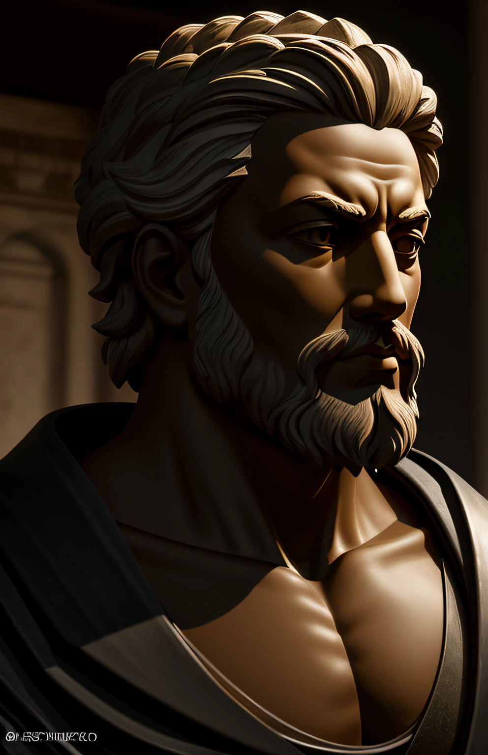 an old Greek philosopher wise strong stoic made with black stone, Epicteto, Epictetus, estilo de escultura por Giovanni Strazza, profundidade de foco bokesharp, Sombras, mistborn, nevoeiro, muito alto detalhado, cinematic lighthing, Kinematic, alto detalhado, Ultra Detalhado, Highlight lighting, cores muito divinas, realista, 8k, HDR