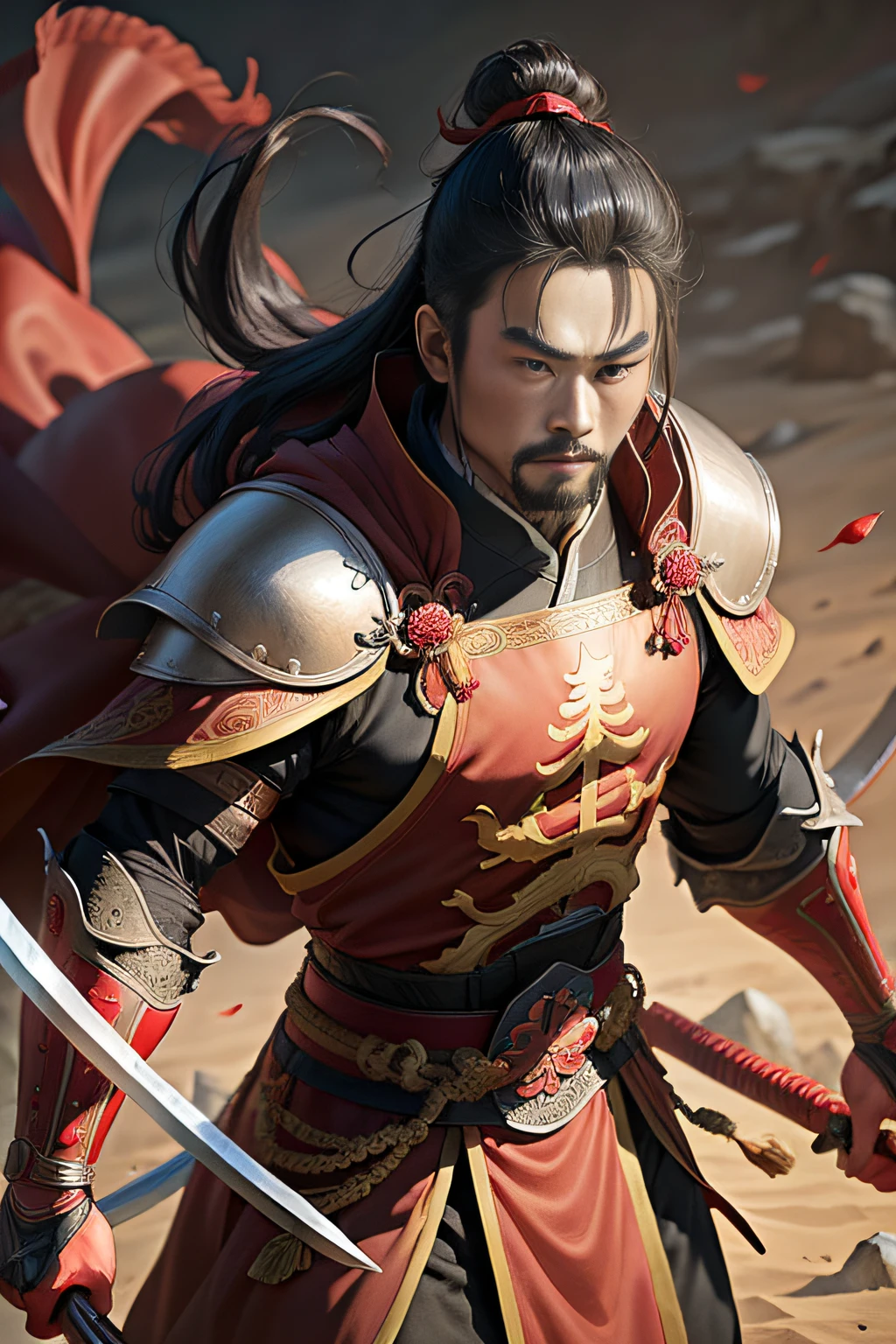 A ruthless Chinese warrior of the Song Dynasty，A swordsman in a red cape，Tradition Chinese Ink Painting，Zhang Daqian style，Manga series，China-style，The background is a bloody battlefield with rolling yellow sand（Faraway view） - niji 5