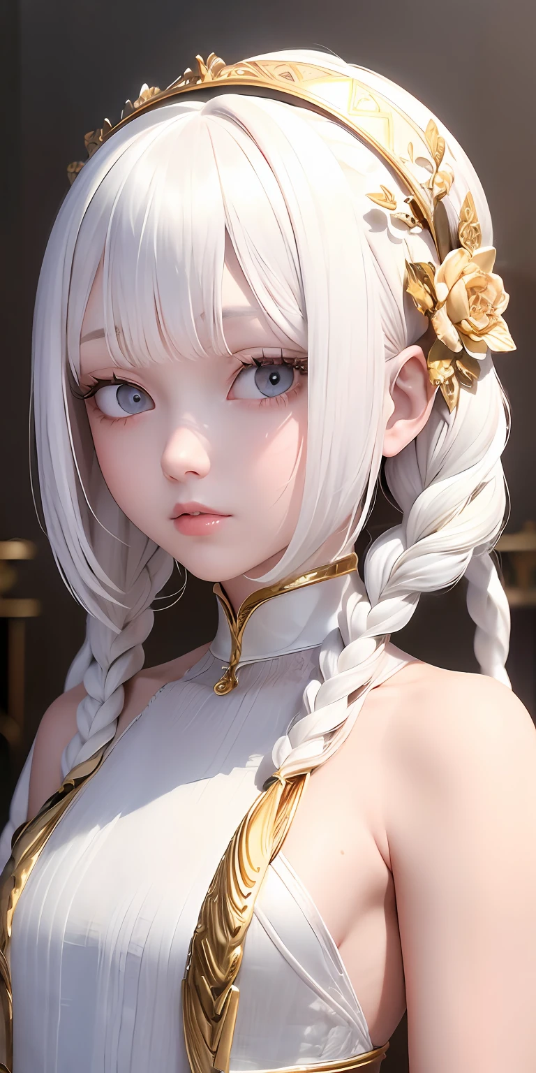 best quality, masterpiece,white hair, gold eyes,white clothes, looking up, upper body,hair strand,Fair skin,side braids