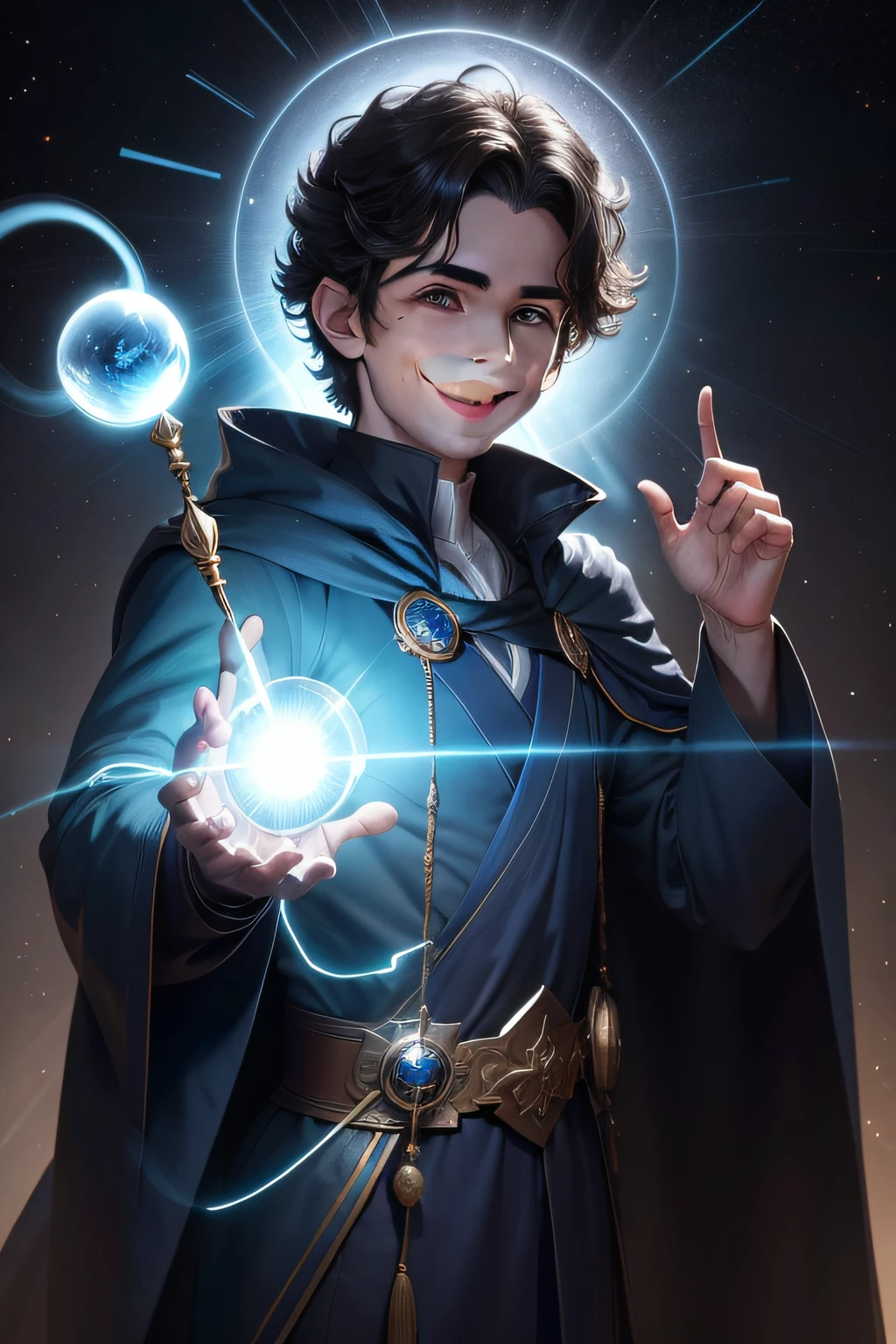 Um mago poderoso, with a sphere of bright light in the palm of his right hand, holding a wand in the other hand. He is wearing a dark blue robe lined with sky blue lining, emanando uma luz radiante semelhante ao dia. His face is lit up by a happy and contagious smile.
