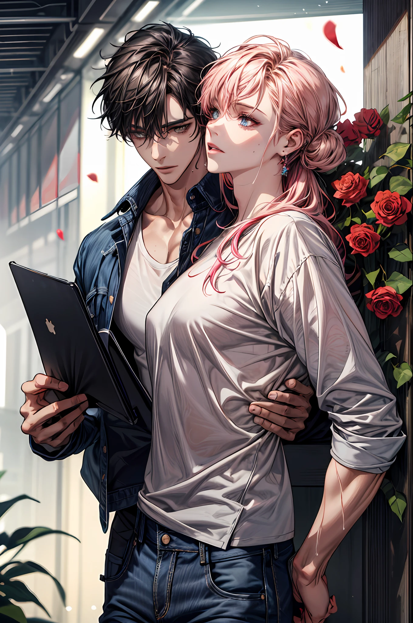 (absurdres, highres, ultra detailed), 1 male,1 female , couples, beautiful,handsome, tall muscular guy, mature, verious red and pink roses around him, jewellery, A man standing on back comfortably in the roses, from directly above, (white shirt, jeans), gorgeous, wet, model pose, colorful, artistic, depth of field, focus on his calm facial features, elegant look
