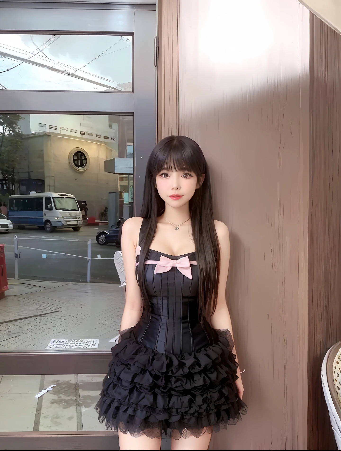 there is a woman standing in front of a door wearing a black dress, with long hair, long hair with full bangs, lalisa manobal, loli in dress, jisoo from blackpink, ruan cute vtuber, the hime cut, long hair with bangs, very low quality, anime thai girl, dang my linh, very very low quality