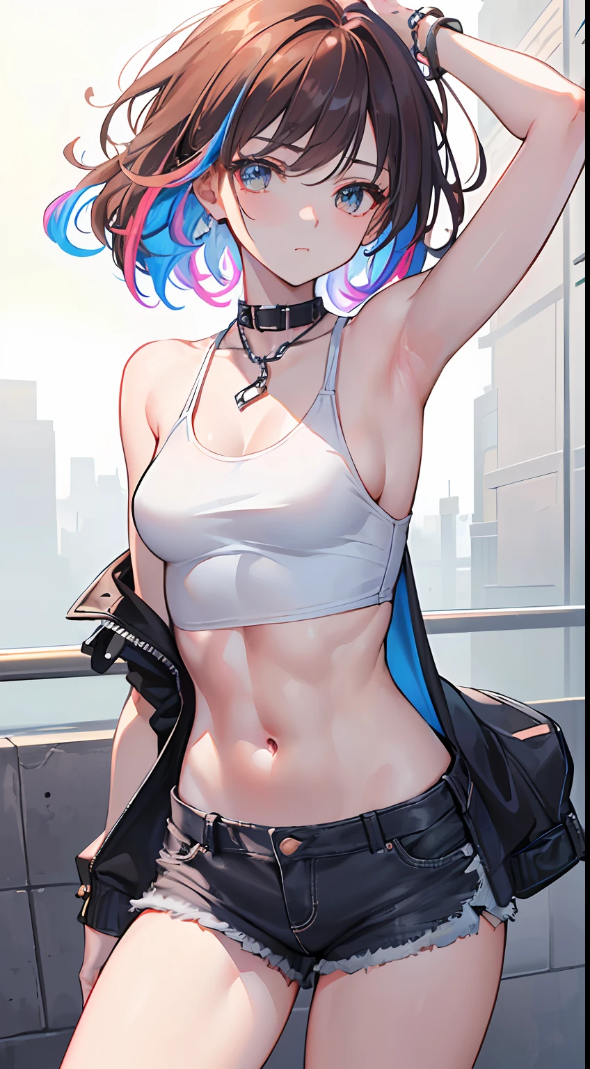 ((Medium-breasted, Tomboyish, Small Head)), (Chiseled Abs: 1.1), (Perfect Body: 1.1), (Short Wavy Hair: 1.2), Reddish Brown Hair, Collar, Chain, Full Body Shot, Crowded Street, Black Tank Top, Jeans Jacket, (((Shorts)), (Highly Detailed CG 8k Wallpaper), (Very Delicate and Beautiful), (Masterpiece), (Best Quality :1.0), (Ultra High Definition: 1.0), Beautiful Lighting, Perfect Lightning, Realistic Shadows, [High Definition], Detailed Skin, Ultra Detailed, (((Colorful)))