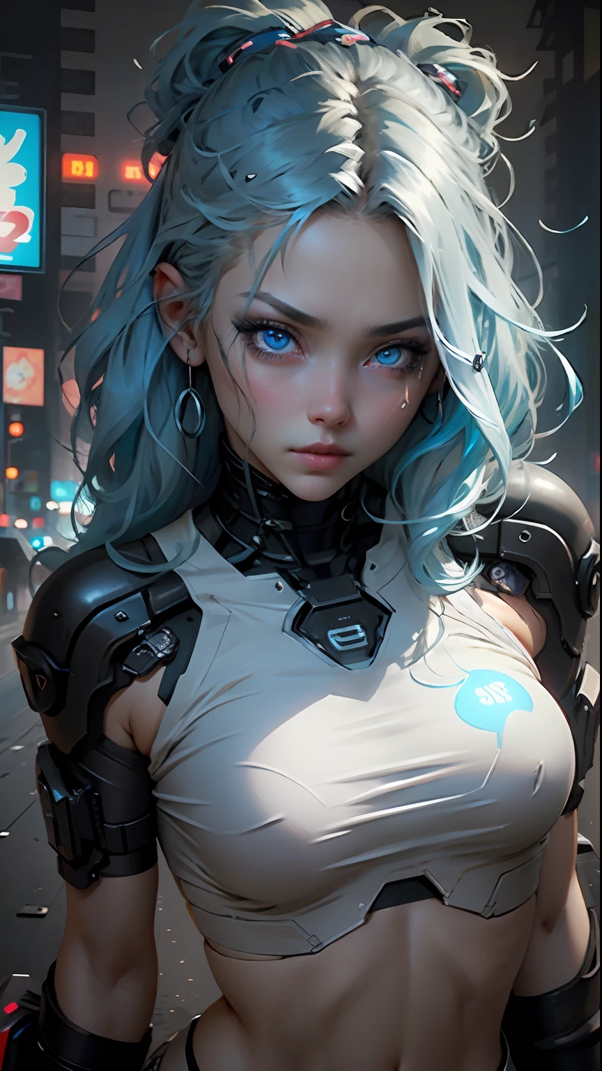 Beautiful woman medium hair、full bodyesbian、Clothing with low exposure、eyes gentle、dynamicposes、blue hairs、hated、cyberpunk style short clothes、face perfect、perfect  eyes、Looking here