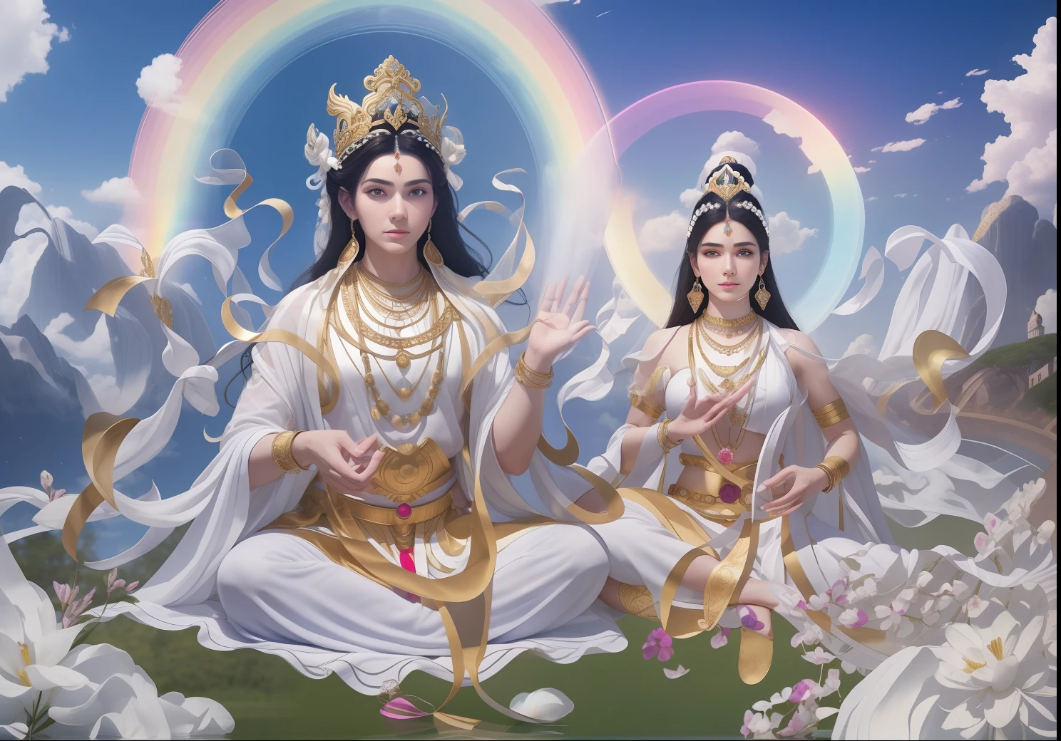 There are two people in the void,((((The man on the left))),Long beard,Very handsome,large tall,Good looking,(Man image),(((Male pectoral muscles))),Handsome looks,Boys in white,Men's hands(Dervishes),(There are flowers in the bowl),Next to the man,(((There is a beautiful goddess))),Young teenage girl,Goddess in white,Black hair,largeeyes,Bushy hair,long eyelasher,long eyebrow,Beautiful eyes sparkle,二重まぶた,Plump and rosy lips,Fair skin is delicate and smooth,Radiant skin,A delicate and ornate crown,inlaid gemstones,choker necklace,Yingluo,Fair and delicate skin,bangle,ankle bracelets,Sitting on a platform in the air,Hold the sphere with one hand,Spread the other hand out of the palm of your hand,white skinned,((Correct body structure)),White tulle garment,baiyun,Blue sky,flowing clouds,fresh flowers,(nice hand),(Good feet),(good legs),realisticlying,white skinned,no-bra,Streamers,Blowing in the wind,Kim In-ro belt,Silk skirt floating,((Correct body structure)),decorated in white,with blue sky and white clouds,Clean skies,Head background with round light,Behind the man is a faint rainbow circle,Behind the woman is a faint rainbow circle,Front lighting,No shadows on the face,Unreal space,ethereal world,dreamworld,tmasterpiece,4K,ultra-definition,professional photoshooting,