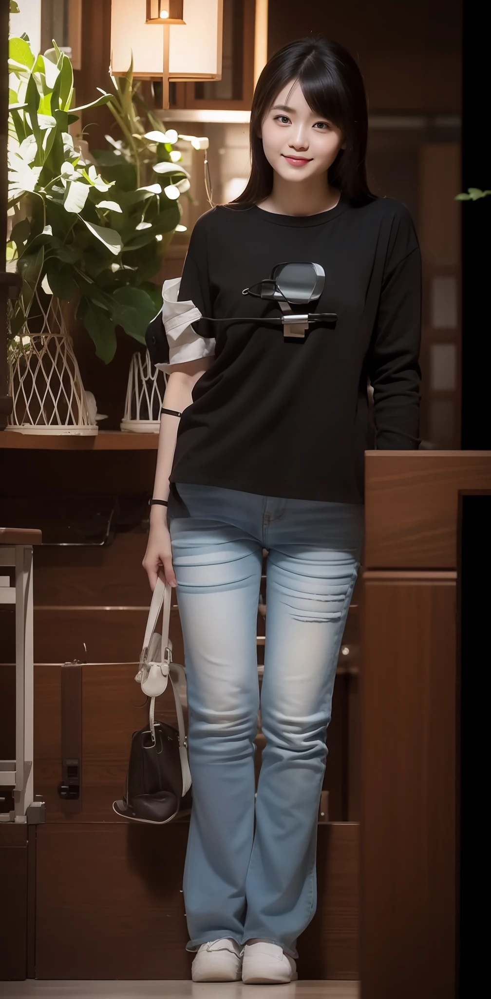 Zhu Ai_Villas，RAW photos，Brand photos，（highdetailskin：1.2），8k ultra high definition，digital SLR camera，gentlesoftlighting，high high quality，filmgrain，富士XT3，20 years old Asian woman，Wear simple clothes，T-shirt and skinny jeans，Detailed clothing details:1.3，perfect body figure，Super detailed facial details and skin，Fair and tender face and skin，二重まぶた，Super detailed eyes，fully body photo