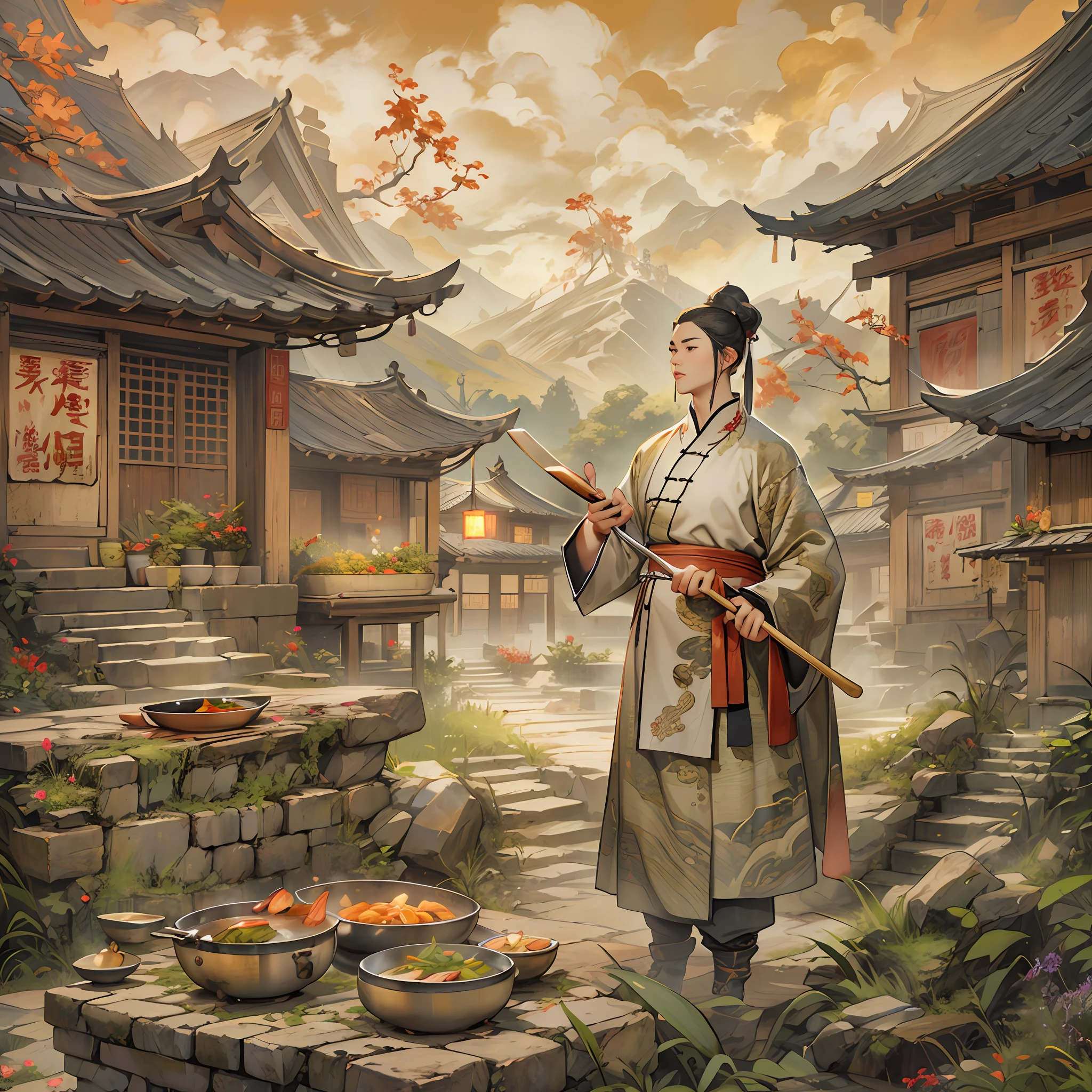 A person dressed in ancient Chinese chef's attire, holding a wok and an iron spatula in hand, surrounded by ancient kitchen buildings and scenery such as palaces and landscapes.,in the style of the stars art group xing xing, 32k, best quality, masterpiece, super detail, high details