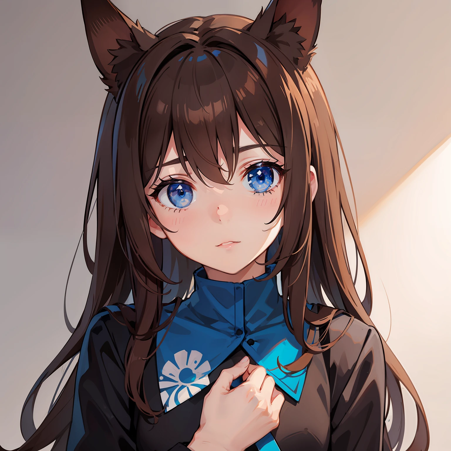 Girl blue eyes,Brown hair,Milo,Dog ears,hugs the guy's hand