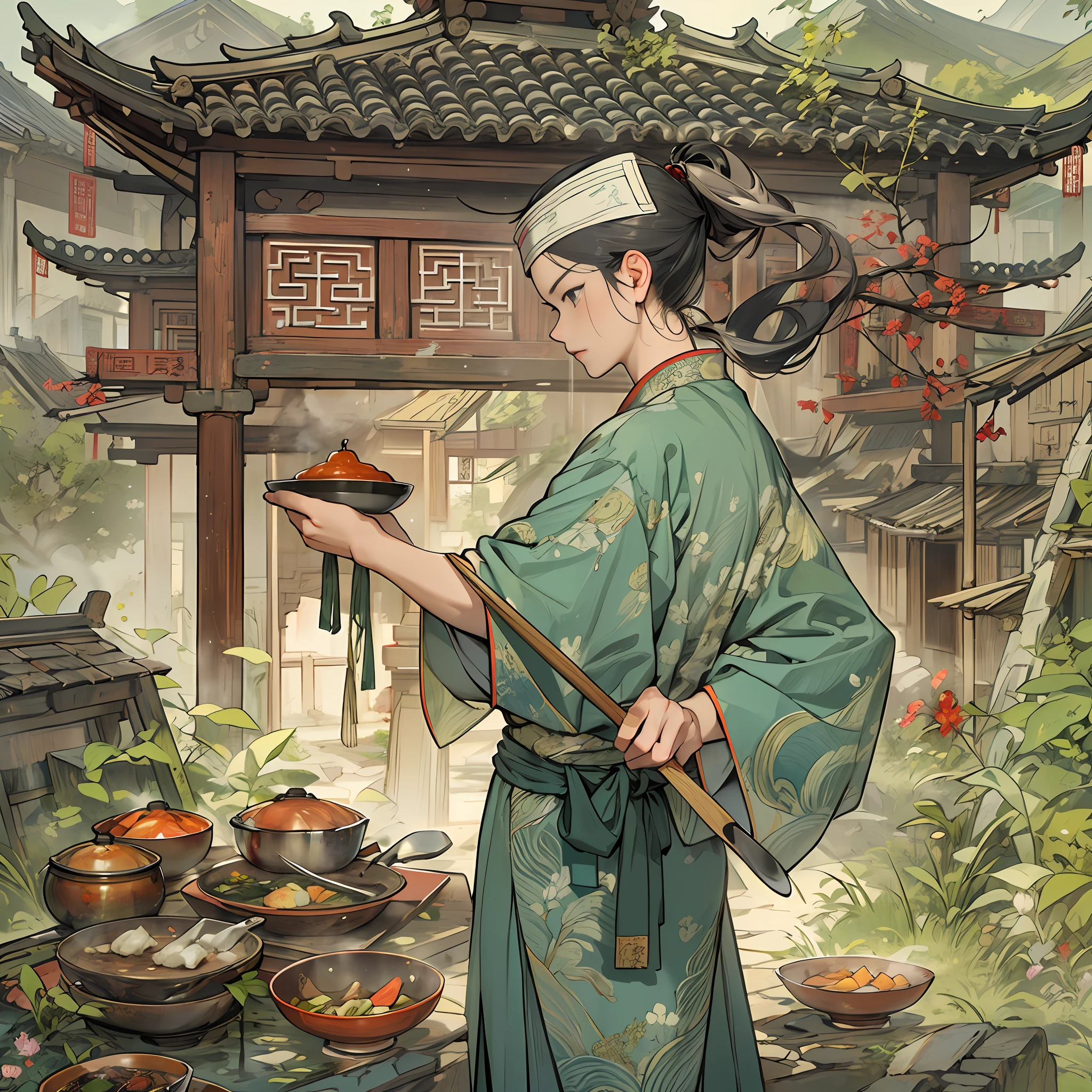 A person dressed in ancient Chinese chef's attire, holding a wok and an iron spatula in hand, surrounded by ancient kitchen buildings and scenery such as palaces and landscapes.,in the style of the stars art group xing xing, 32k, best quality, masterpiece, super detail, high details