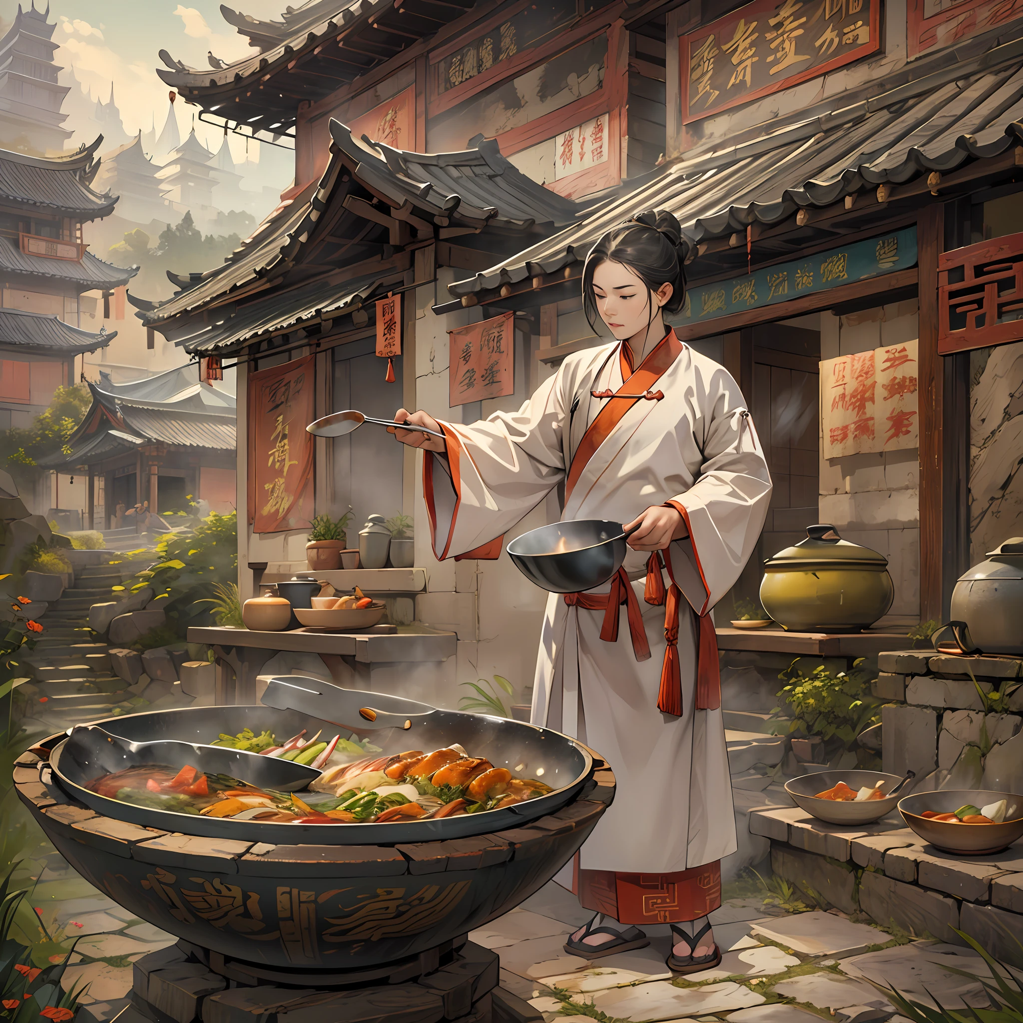 A person dressed in ancient Chinese chef's attire, holding a wok and an iron spatula in hand, surrounded by ancient kitchen buildings and scenery such as palaces and landscapes.,in the style of the stars art group xing xing, 32k, best quality, masterpiece, super detail, high details