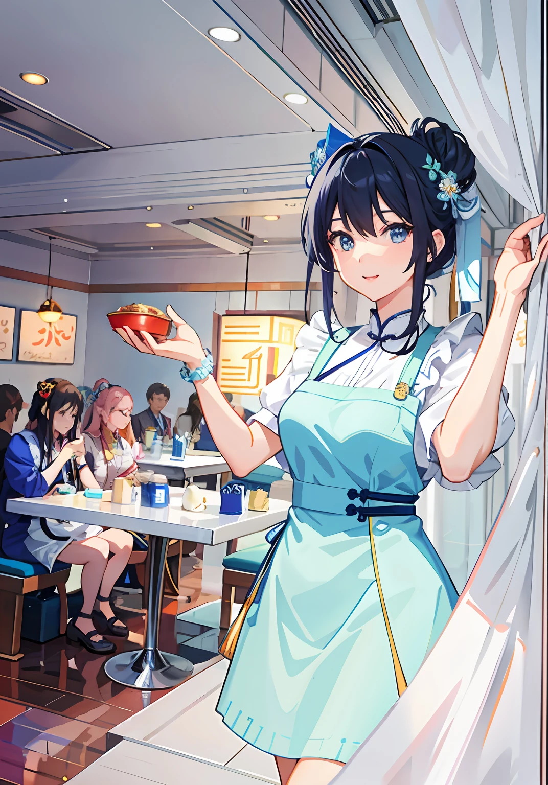 Anime - Style illustration of a woman in a blue dress in a restaurant, ( Waitress ) Girl, Anime moe art style, cute anime waifu in a nice dress, in an anime style, at pixiv, author:Shitao, Digital art on Pixiv, in a blue qipao, restaurant!, drawn in anime painter studio, Artgerm and Atey Ghailan,Chinese restaurant,curtain,Lanterns,dining table,The girl holds food in her hand