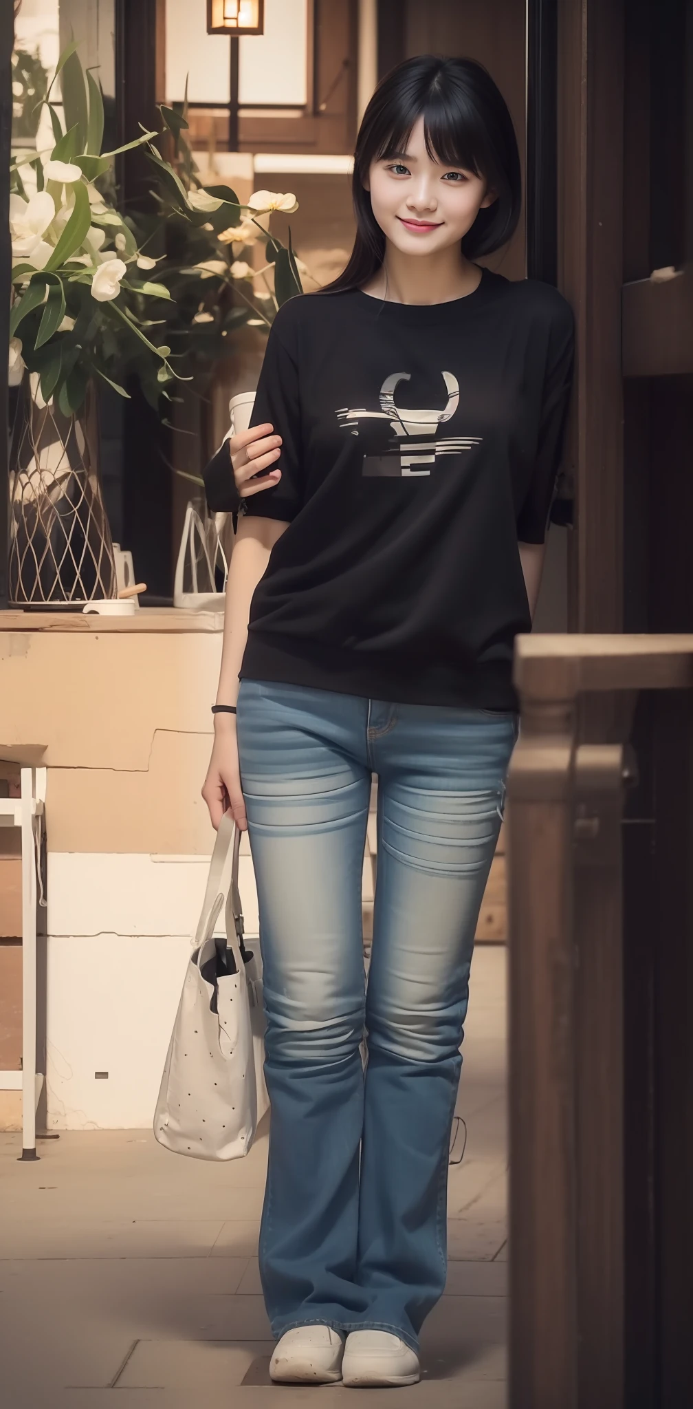 Zhu Ai_Villas,RAW photos,Brand photos,(highdetailskin:1.2),8k ultra high definition,digital SLR camera,gentlesoftlighting,high high quality,filmgrain,富士XT3,20 years old Asian woman,Wear simple clothes,T-shirt and skinny jeans,Detailed clothing details:1.3,perfect body figure,Super detailed facial details and skin,Fair and tender face and skin,二重まぶた,Super detailed eyes,fully body photo
