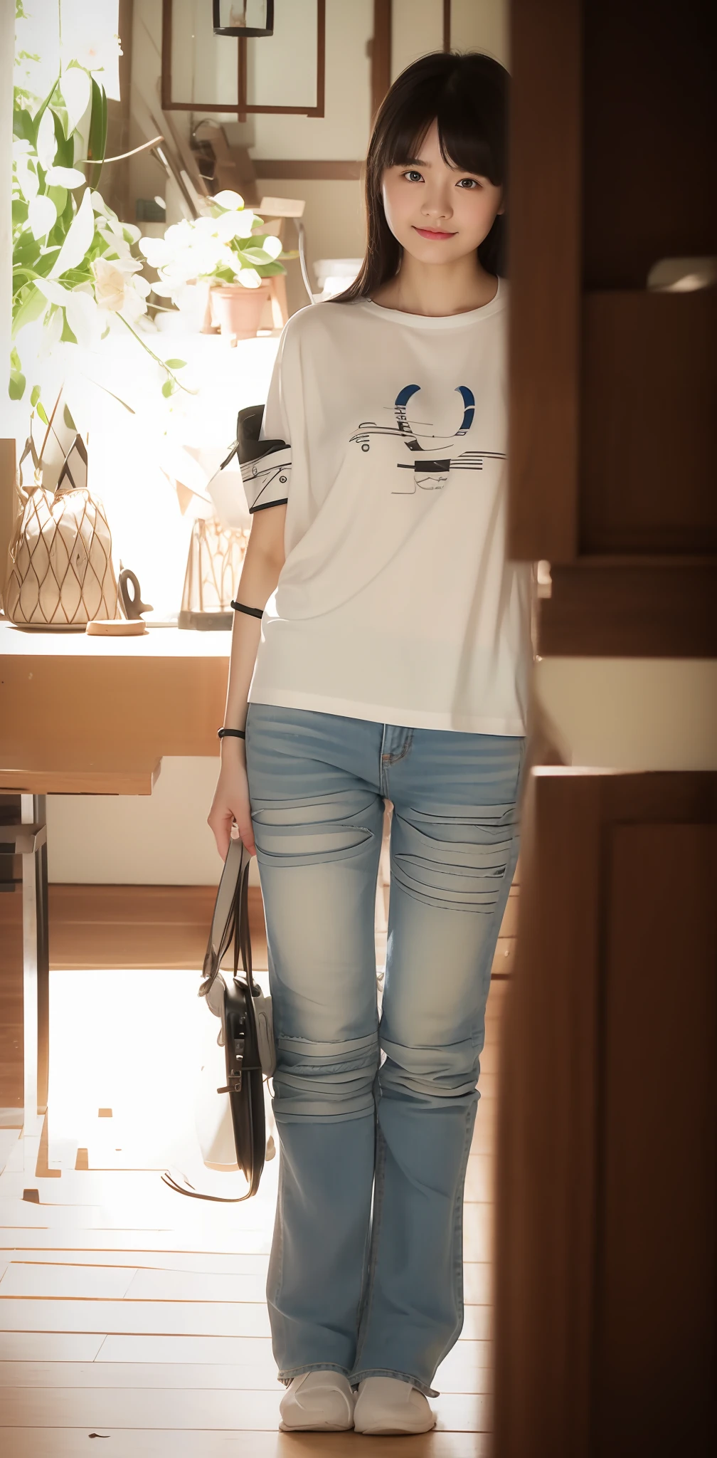 Zhu Ai_Villas,RAW photos,Brand photos,(highdetailskin:1.2),8k ultra high definition,digital SLR camera,gentlesoftlighting,high high quality,filmgrain,富士XT3,20 years old Asian woman,Wear simple clothes,T-shirt and skinny jeans,Detailed clothing details:1.3,perfect body figure,Super detailed facial details and skin,Fair and tender face and skin,二重まぶた,Super detailed eyes,fully body photo