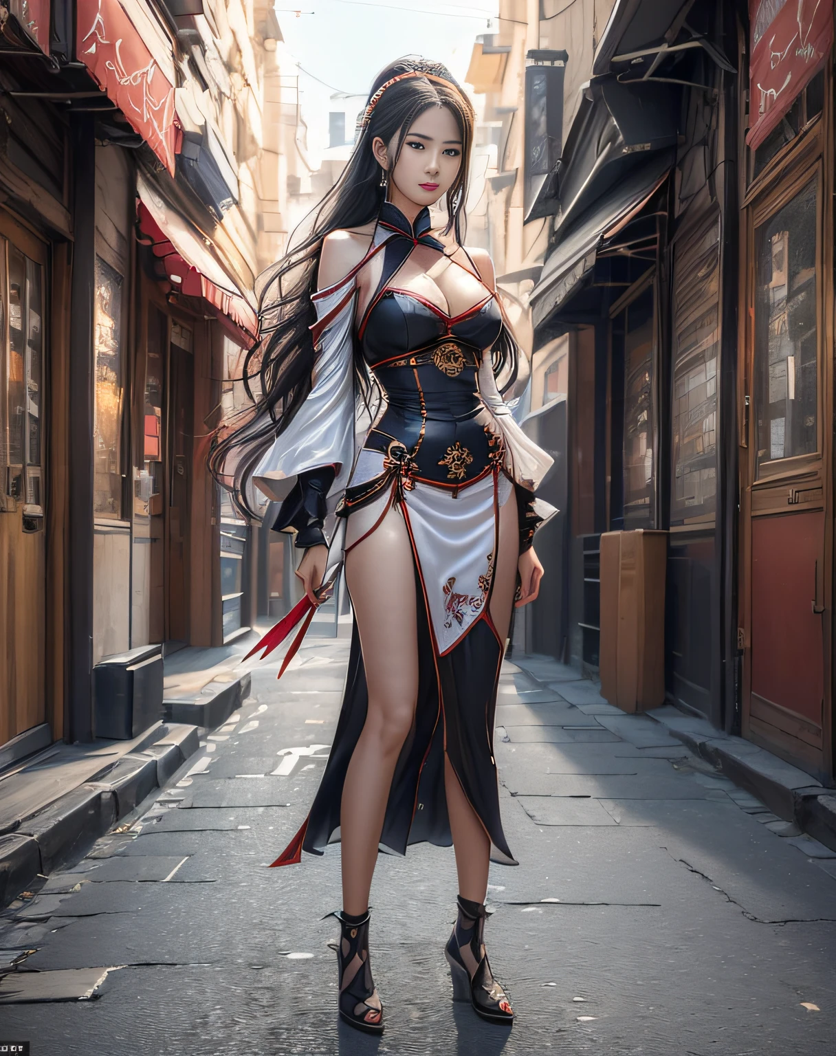 (masterpiece, best quality, beautiful modelshoot:1.4) of a stunning 25yo chinese 1girl, (full body view:1.6), (seductive pose:1.2), breasts:1.2, solo:1.5, red gauze, long black hair, sidebangs, bare shoulders, (perfect face, perfect eyes, insanely beautiful face, perfect hands, beautiful fingers:1.5), (happy smile:1.2), hanfu, (looking at viewer:1.6), busy street background, colorful, highly detailed, ultra realistic, deep field of depth, (sharp focus:1.6), insanely intricate, 8k