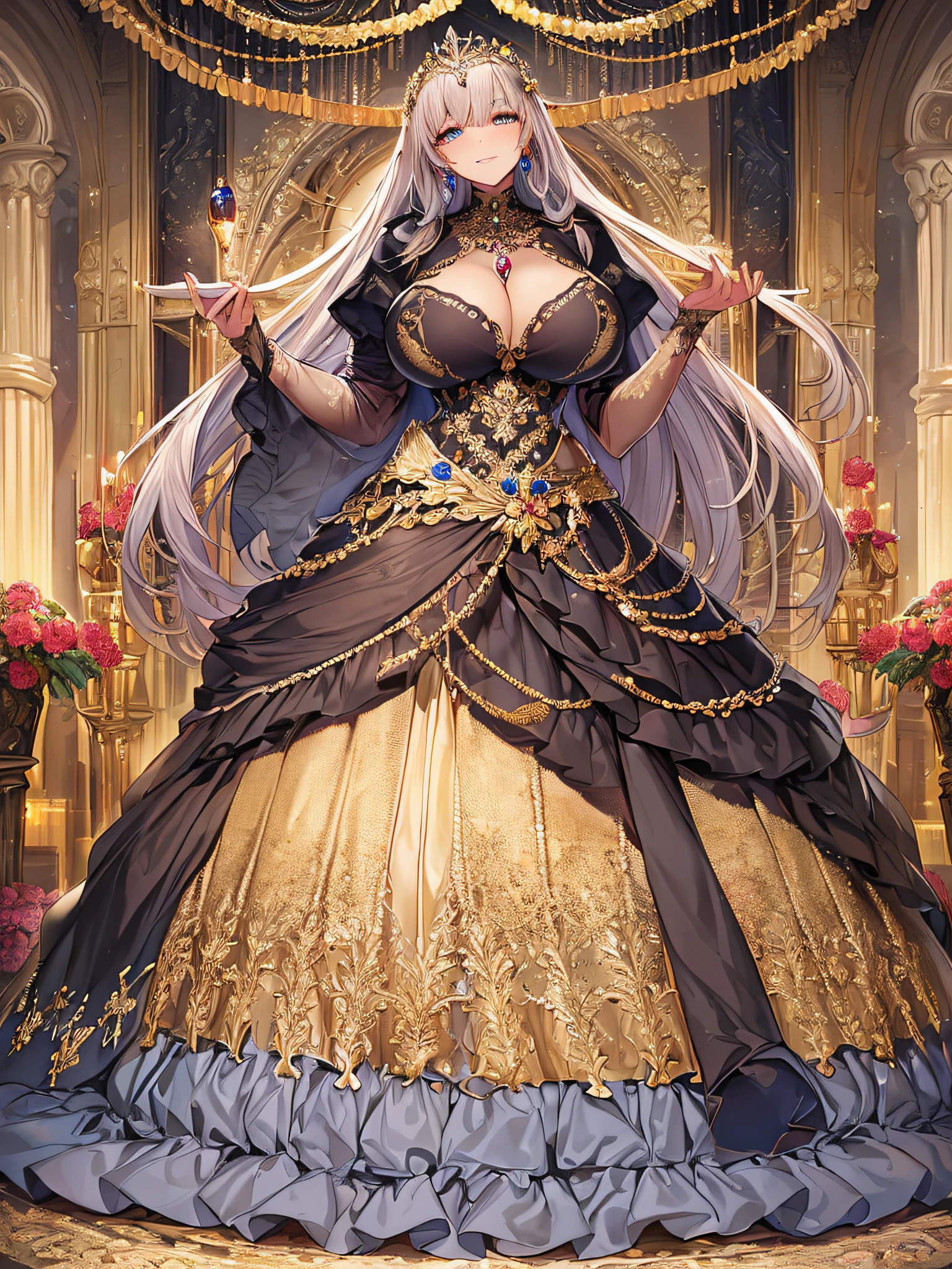 ((anime artstyle)),(Masterpiece),(Best Quality), (Super Detail),((Very Delicate and Beautiful)),((Solo)),((full body)),(((1 noble princess in beautiful embroidery and jeweled extremely gorgeous ball gown with voluminous skirt))),(Gorgeous jewelry ornaments),detailed face and eyes,jewel-like eyes,(seductive smile),((extremely voluminous Very Long Hair,Straight Hair)),((extremely gigantic tits,Long tits)),curvy,skindentation,(gorgeousfull embroidery and lace),gorgeous corsage,See-through,extremely gorgeousfull hair ornament,extremely gorgeousfull glitter jeweled tiara,ornate ruffles,((full body)),((hoop skirt,crinoline)),Dynamic Angle,Looking at viewer,((beautiful embroidery and jeweled extremely gorgeous ball gown with voluminous skirt)),full body