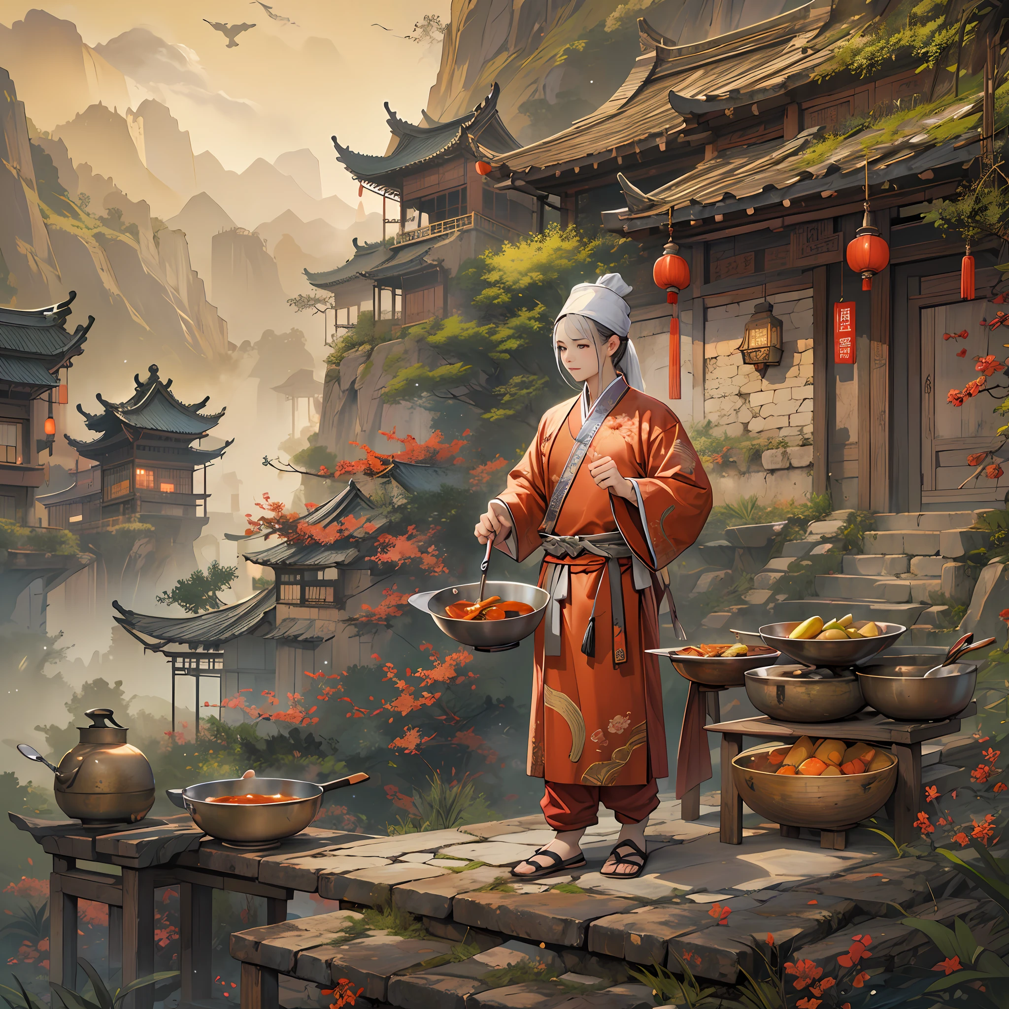 A person dressed in ancient Chinese chef's attire, holding a wok and an iron spatula in hand, surrounded by ancient kitchen buildings and scenery such as palaces and landscapes.,in the style of the stars art group xing xing, 32k, best quality, masterpiece, super detail, high details