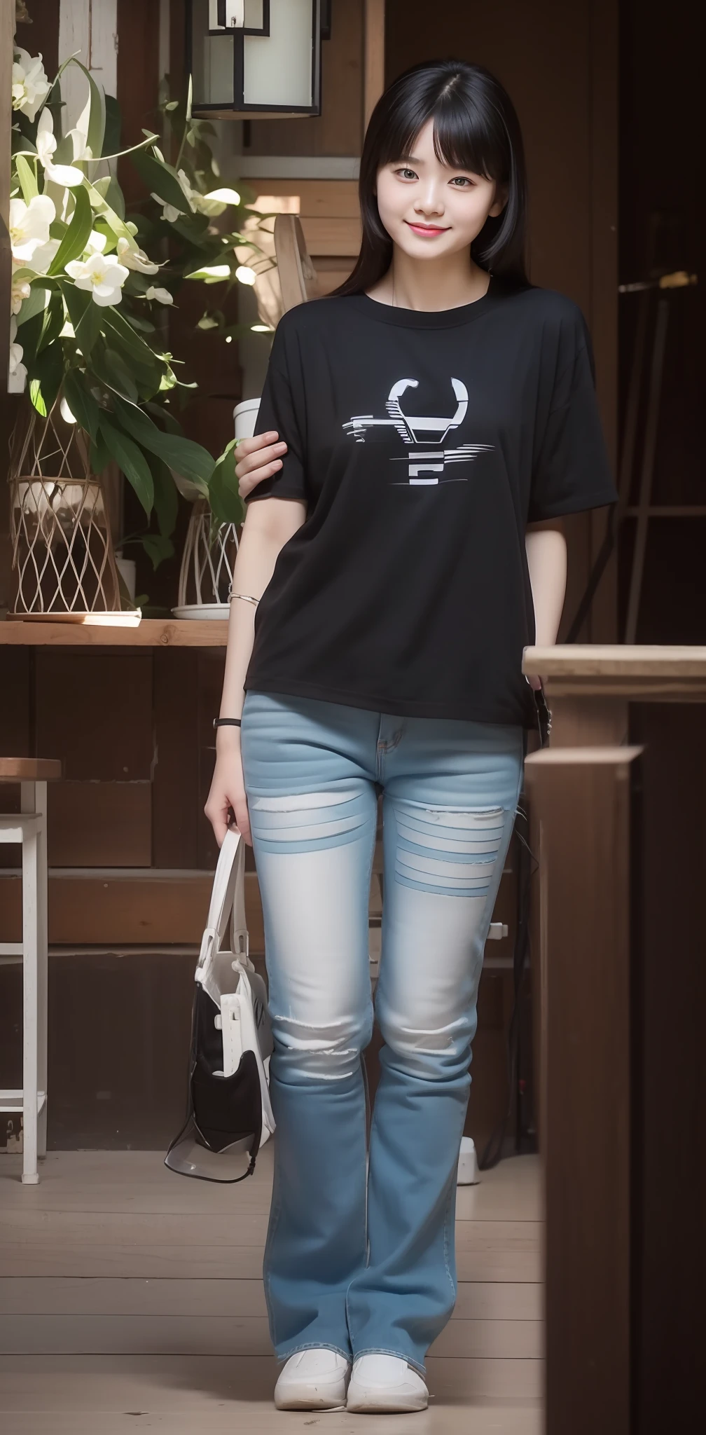 Zhu Ai_Villas,RAW photos,Brand photos,(highdetailskin:1.2),8k ultra high definition,digital SLR camera,gentlesoftlighting,high high quality,filmgrain,富士XT3,20 years old Asian woman,Wear simple clothes,T-shirt and skinny jeans,Detailed clothing details:1.3,perfect body figure,Super detailed facial details and skin,Fair and tender face and skin,二重まぶた,Super detailed eyes,fully body photo
