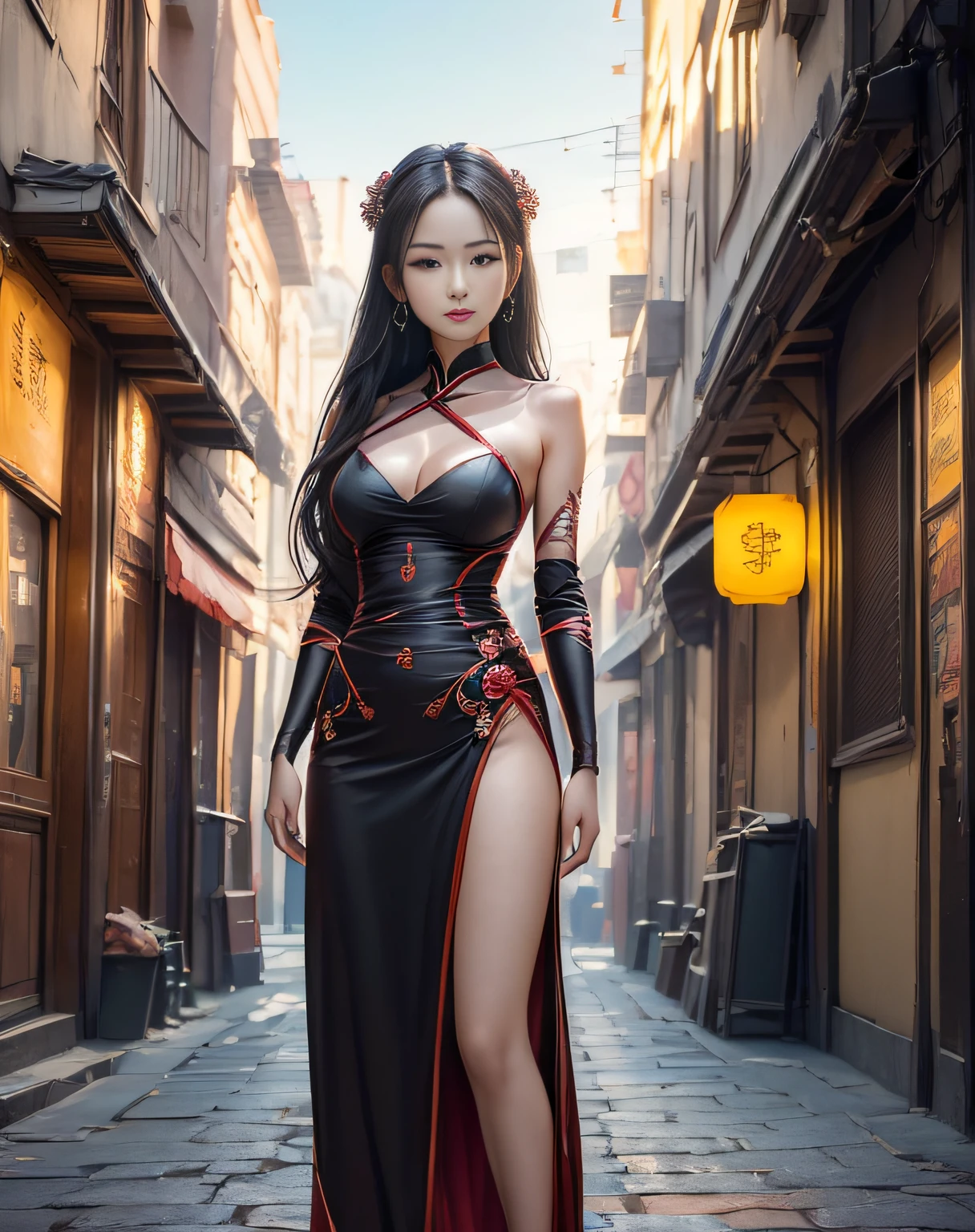(masterpiece, best quality, beautiful modelshoot:1.4) of a stunning 25yo chinese 1girl, (full body view:1.6), (seductive pose:1.2), breasts:1.2, solo:1.5, red gauze, long black hair, sidebangs, bare shoulders, (perfect face, perfect eyes, insanely beautiful face, perfect hands, beautiful fingers:1.5), (happy smile:1.2), hanfu, (looking at viewer:1.6), busy street background, colorful, highly detailed, ultra realistic, deep field of depth, (sharp focus:1.6), insanely intricate, 8k