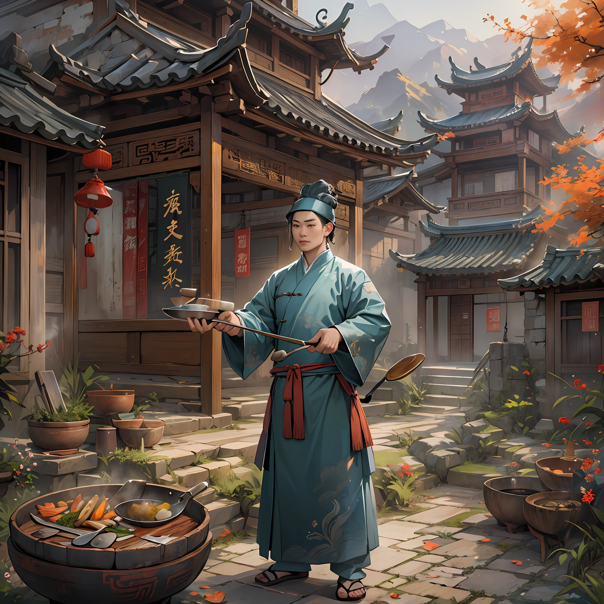 A person dressed in ancient Chinese chef's attire, holding a wok and an iron spatula in hand, surrounded by ancient kitchen buildings and scenery such as palaces and landscapes.,in the style of the stars art group xing xing, 32k, best quality, masterpiece, super detail, high details