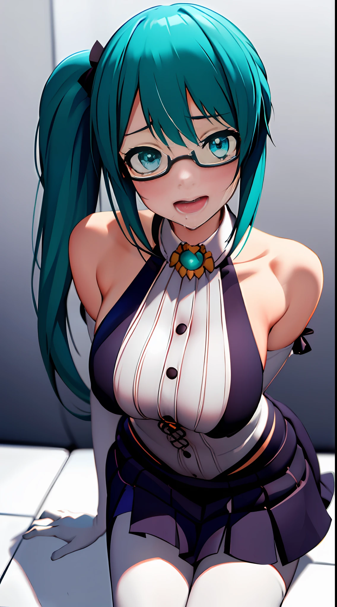 masutepiece, Best Quality, Solo, 8K resolution, Beautiful and exquisite details, Octane Render, (Vigorously trembling motion lines of the vagina :1.2), Anatomically correct, detailed hairs, beautifully detailed eyes, a stunning face, nffsw, Virtual YouTuber Suzu Kagura is an amazingly beautiful woman, Aqua Green Hair, Green eyes, Glasses, Long Side Ponytail, Expressive ahegao with lewd emphasis, Intensely excited hourglass body, toned abdomen, Sweating profusely, Intensely glowing skin, Fog, crossed eyes, nose blush, a slightly drooling mouth, See-through and sparkly alternative costumes, White jacket, Red skin tight skirt, Extremely see-through black shirt, Animated CG, Spread legs, puffies ,