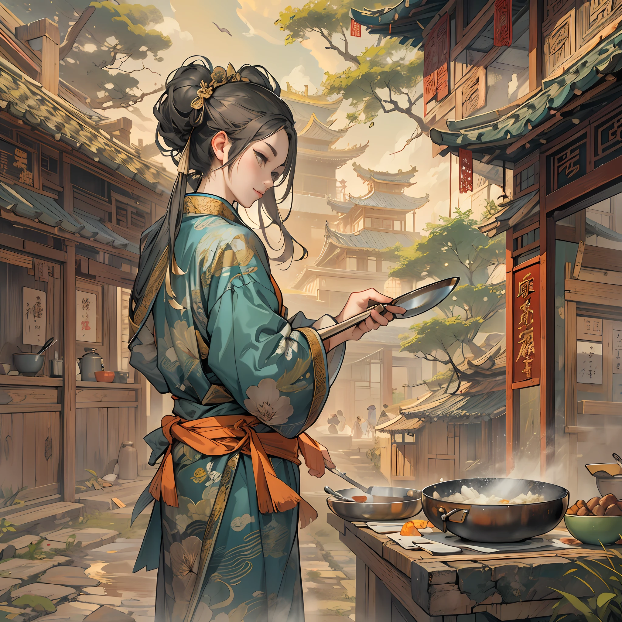 A person dressed in ancient Chinese chef's attire, holding a wok and an iron spatula in hand, surrounded by ancient kitchen buildings and scenery such as palaces and landscapes.,in the style of the stars art group xing xing, 32k, best quality, masterpiece, super detail, high details