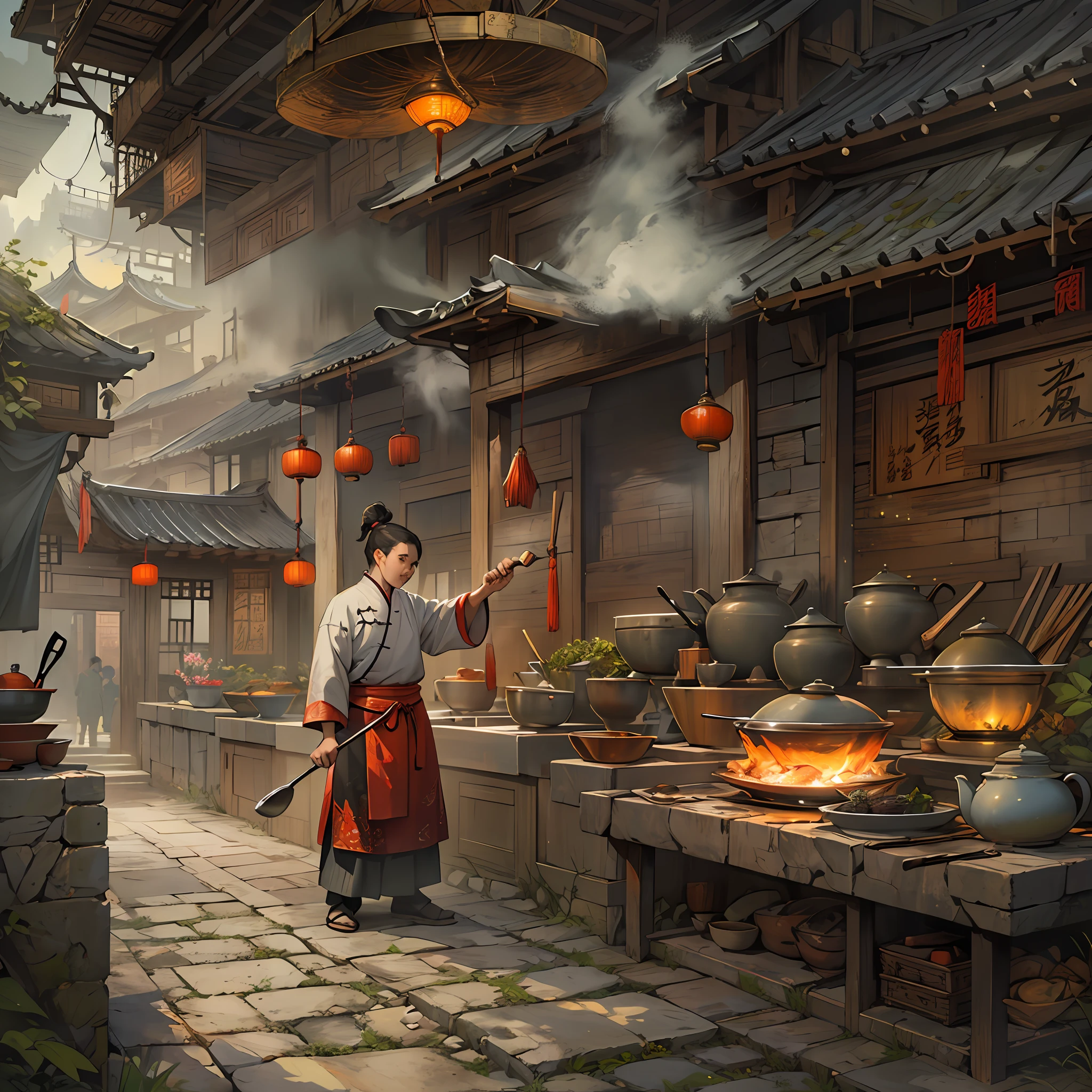 A person dressed in ancient Chinese chef's attire, holding a wok and an iron spatula in hand, surrounded by ancient kitchen buildings and scenery such as palaces and landscapes.,in the style of the stars art group xing xing, 32k, best quality, masterpiece, super detail, high details