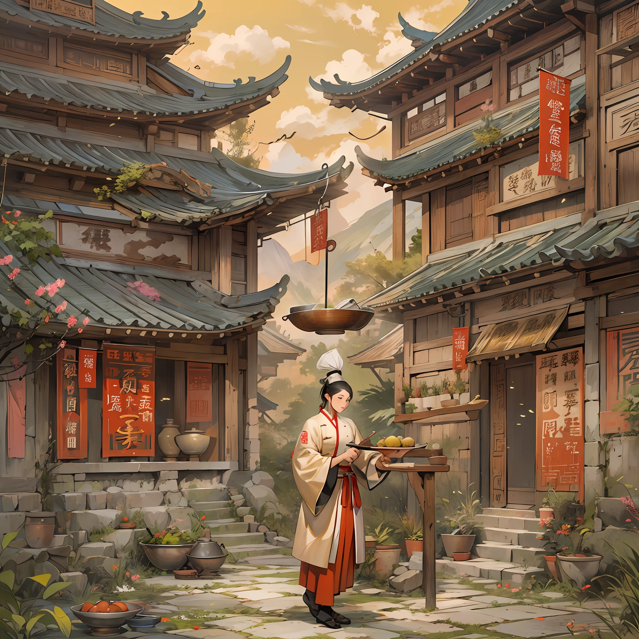 A person dressed in ancient Chinese chef's attire, holding a wok and an iron spatula in hand, surrounded by ancient kitchen buildings and scenery such as palaces and landscapes.,in the style of the stars art group xing xing, 32k, best quality, masterpiece, super detail, high details