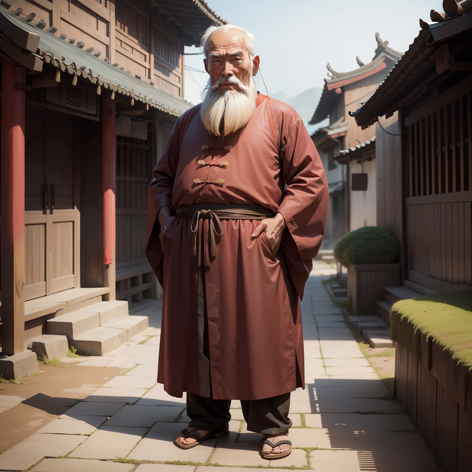 Image of an old Chinese man standing realistic image in a Chinese village , o velho com grandes barba brancas