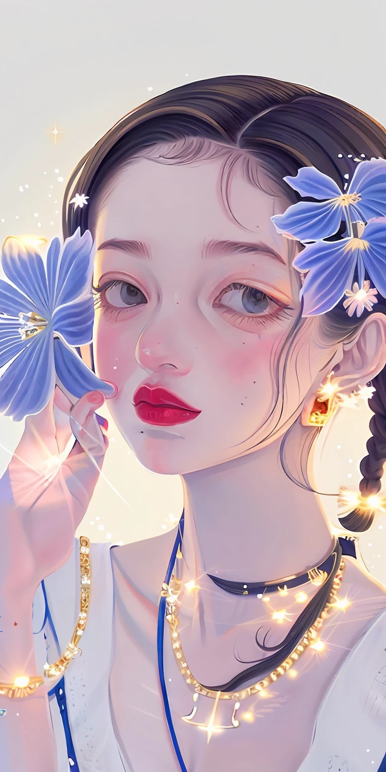 Need,tmasterpiece,whaite hair,Golden eyes,Manteau blanc,ssmile,adolable,Earrings gold,glitters,Look up,The upper part of the body,Hairline,Fair skin,SideBraid,blue color eyes,fresh flowers,Lateral face,bust,Flowers in hand